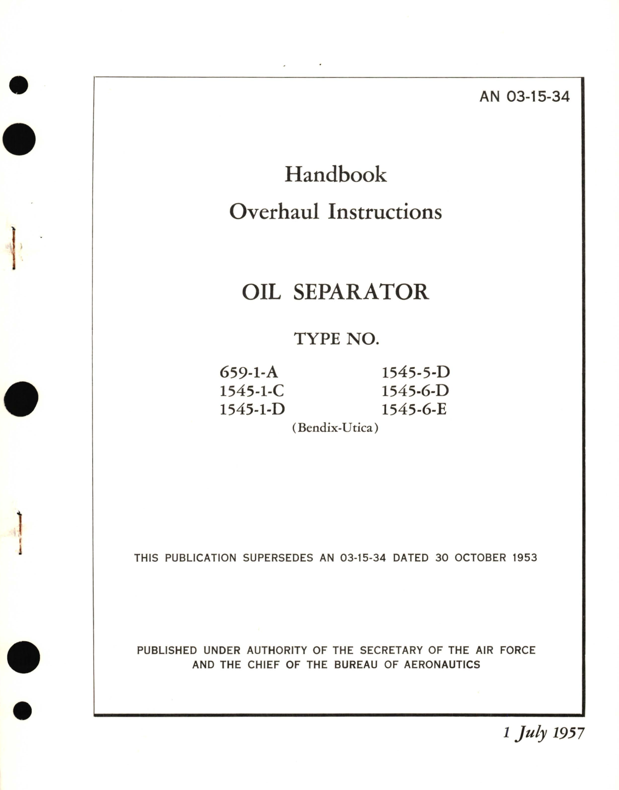 Sample page 1 from AirCorps Library document: Overhaul Instructions for Oil Separator Type No. 659, 1545 