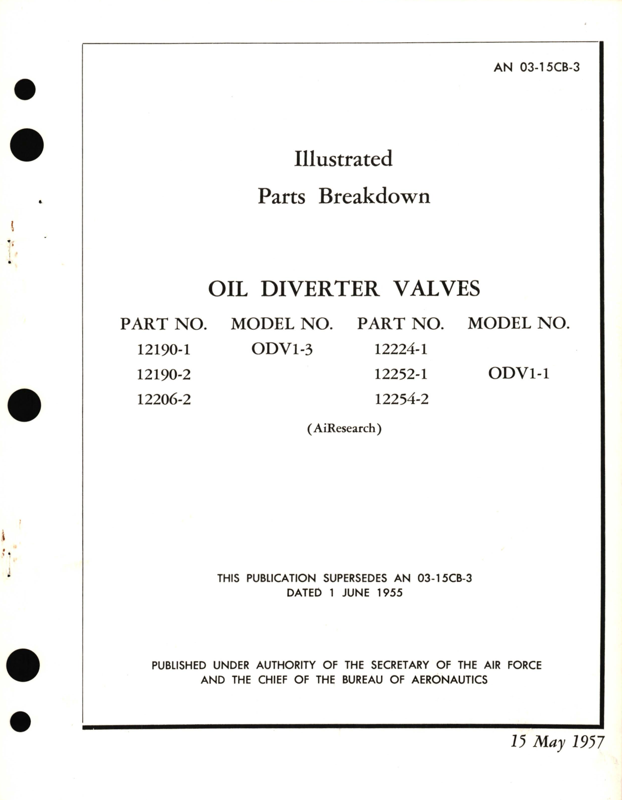 Sample page 1 from AirCorps Library document: Illustrated Parts Breakdown for Oil Diverter Valves Part No. 12190, 12206, 12224, 12252, 12254, Model ODV1-3, ODV1-1