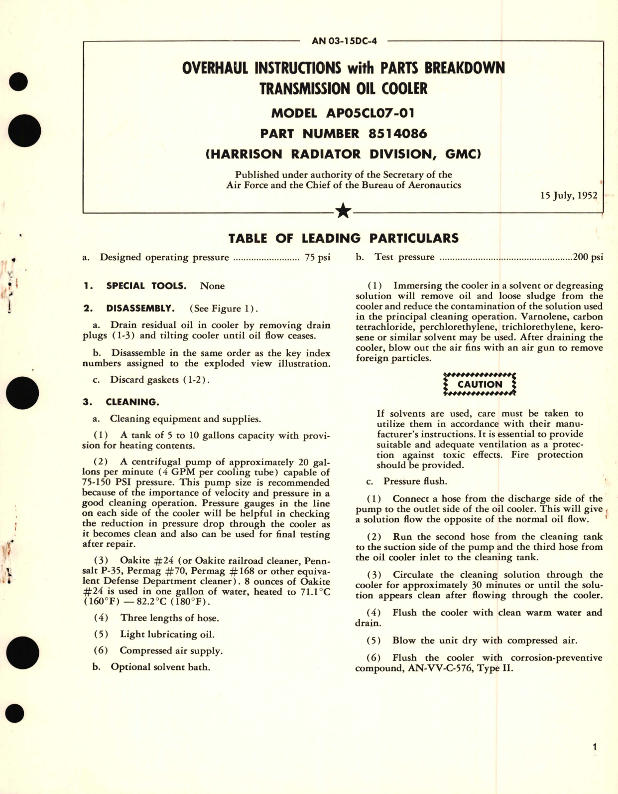 Sample page 1 from AirCorps Library document: Overhaul Instructions with Parts Breakdown for Transmission Oil Cooler Model AP05CL07-01 Part No. 8514086 