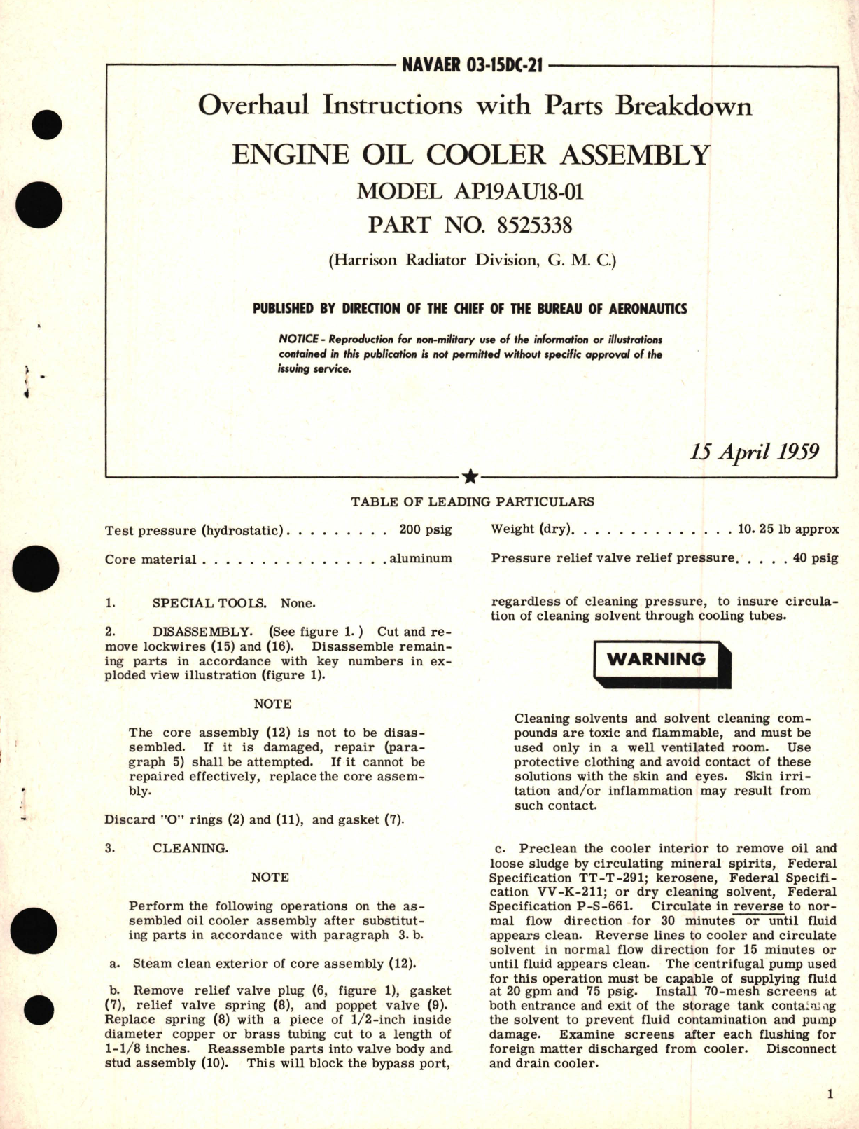 Sample page 1 from AirCorps Library document: Overhaul Instructions with Parts Breakdown for Engine Oil Cooler Assembly Model AP19AU18-01, Part No. 8525338 