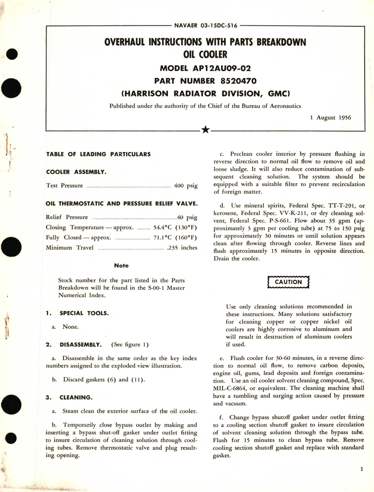 Sample page 1 from AirCorps Library document: Overhaul Instructions with Parts Breakdown for Oil Cooler Model AP12AU09-02 Part  No. 8520470 