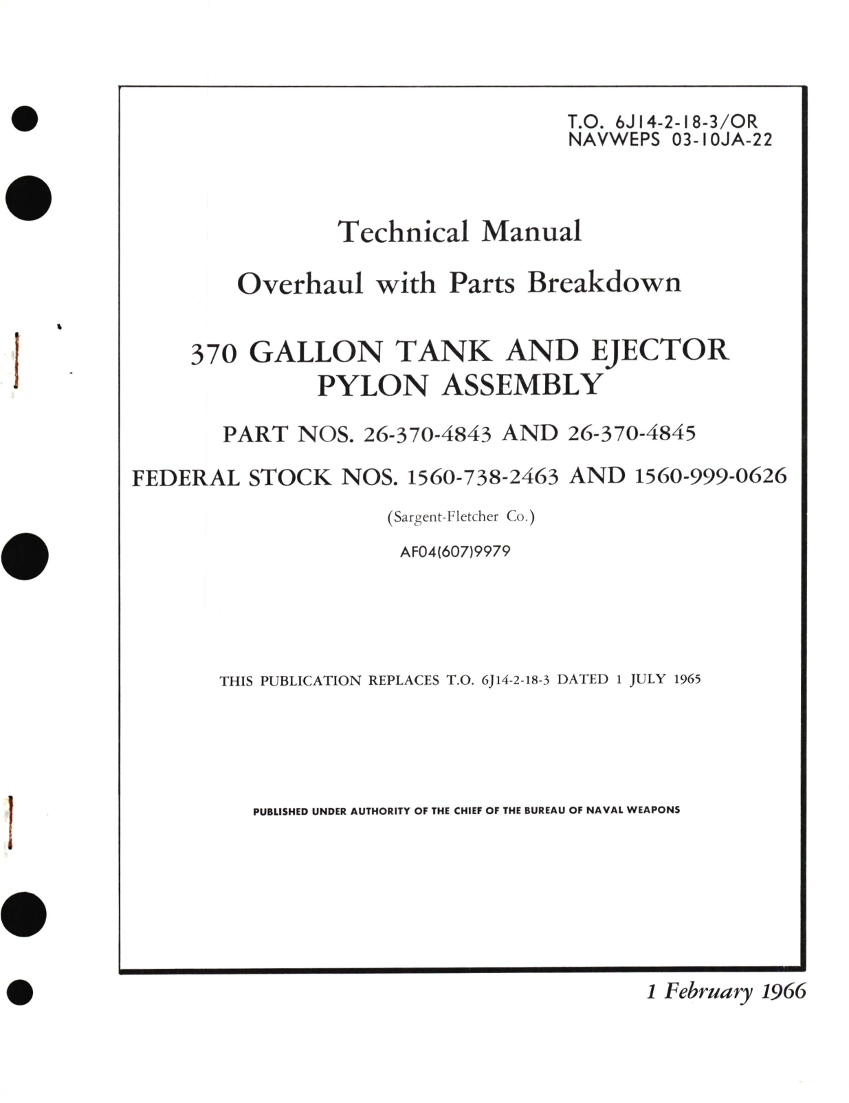 Sample page 1 from AirCorps Library document: Overhaul Instructions with Parts Breakdown for 370 Gallon Tank and Ejector Pylon Assembly Part No. 26-370 