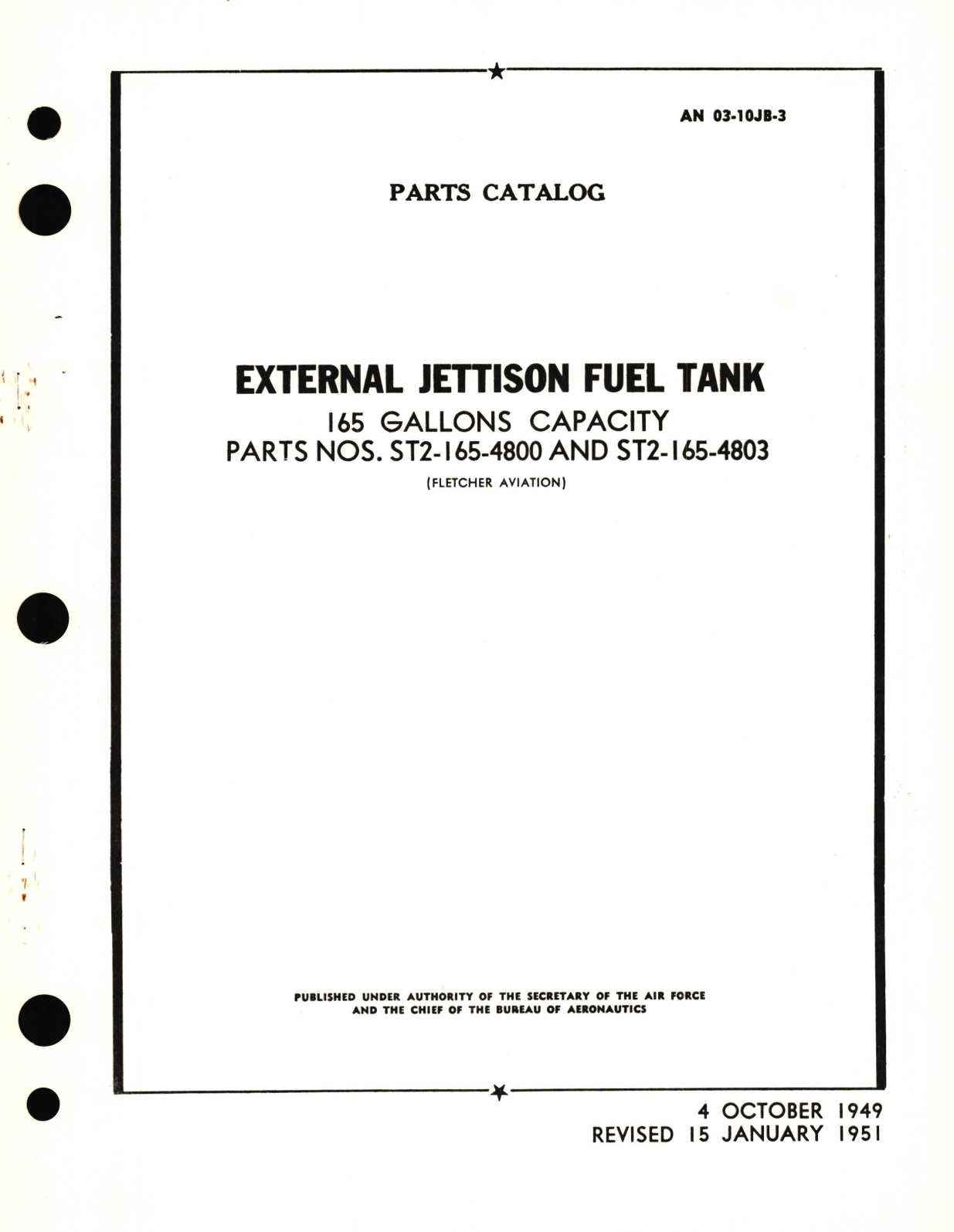 Sample page 1 from AirCorps Library document: Parts Catalog for External Jettison Fuel Tank 165 Gallons Capacity Part No. ST2-16T-4800 and ST2-165-4803 