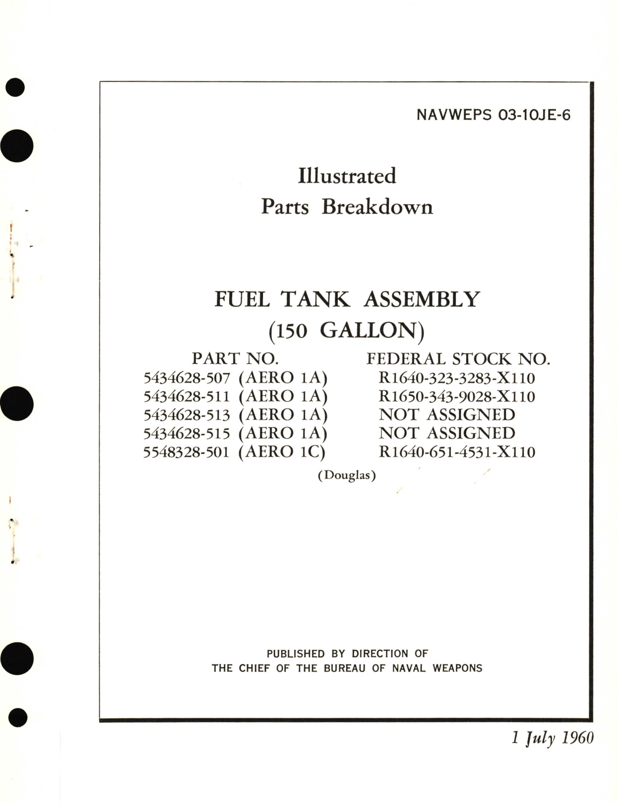 Sample page 1 from AirCorps Library document: Illustrated Parts Breakdown for Fuel Tank Assembly (150 Gallon) Part No. 5434628 (Aero 1A ) (Aero 1C) 