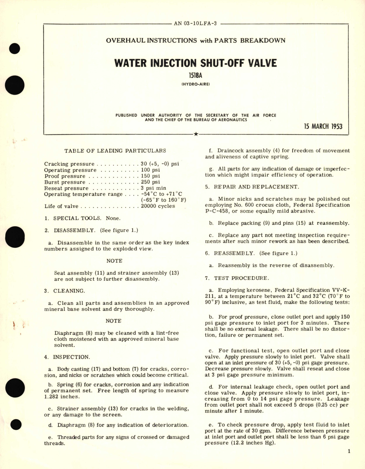 Sample page 1 from AirCorps Library document: Overhaul Instructions with Parts Breakdown for Water Injection Shut-Off Valve 1518A 