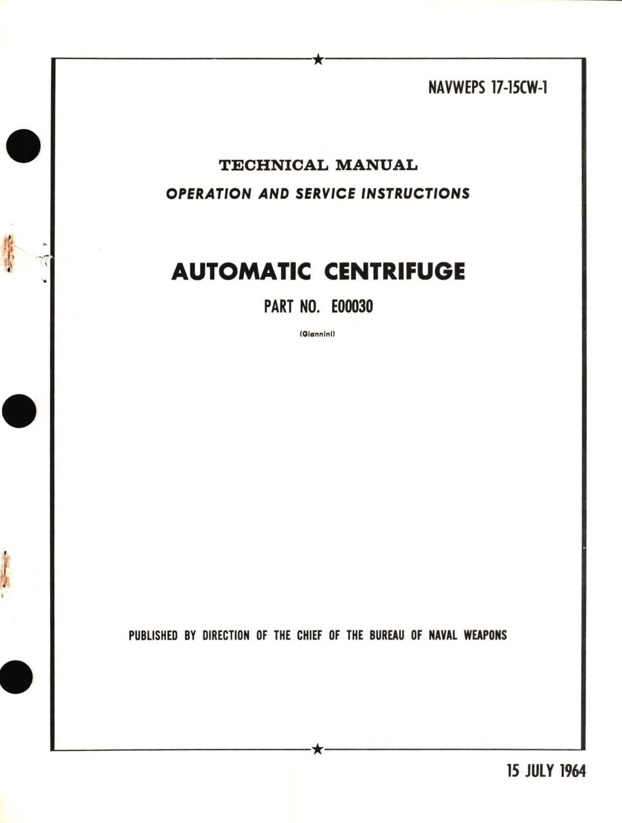 Sample page 1 from AirCorps Library document: Operation and Service Instructions for Automatic Centrifuge Part No. E00030 