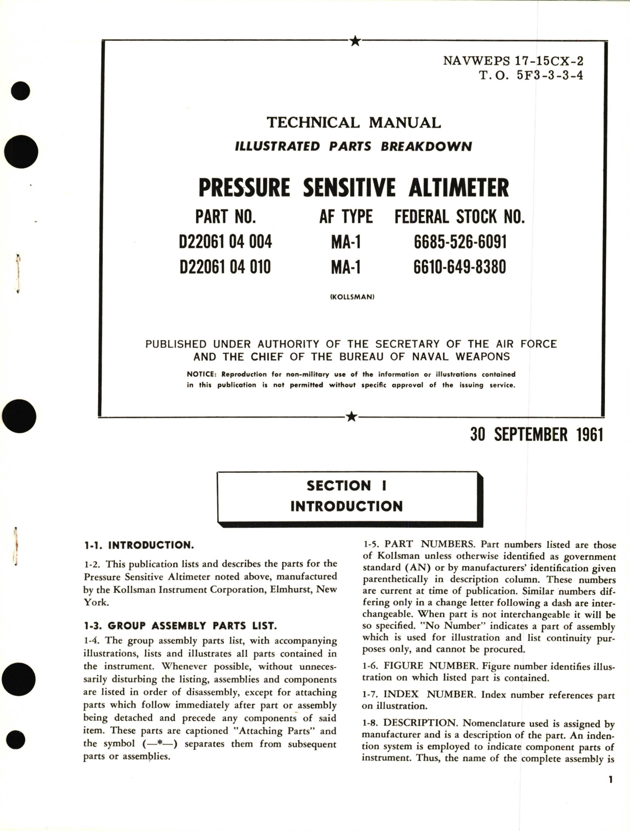 Sample page 1 from AirCorps Library document: Illustrated Parts Breakdown for Pressure Sensitive Altimeters Illustrated Parts Breakdown for Pressure Sensitive Altimeters D22061 04 004, D22061 04 010, MA-1, MA-1