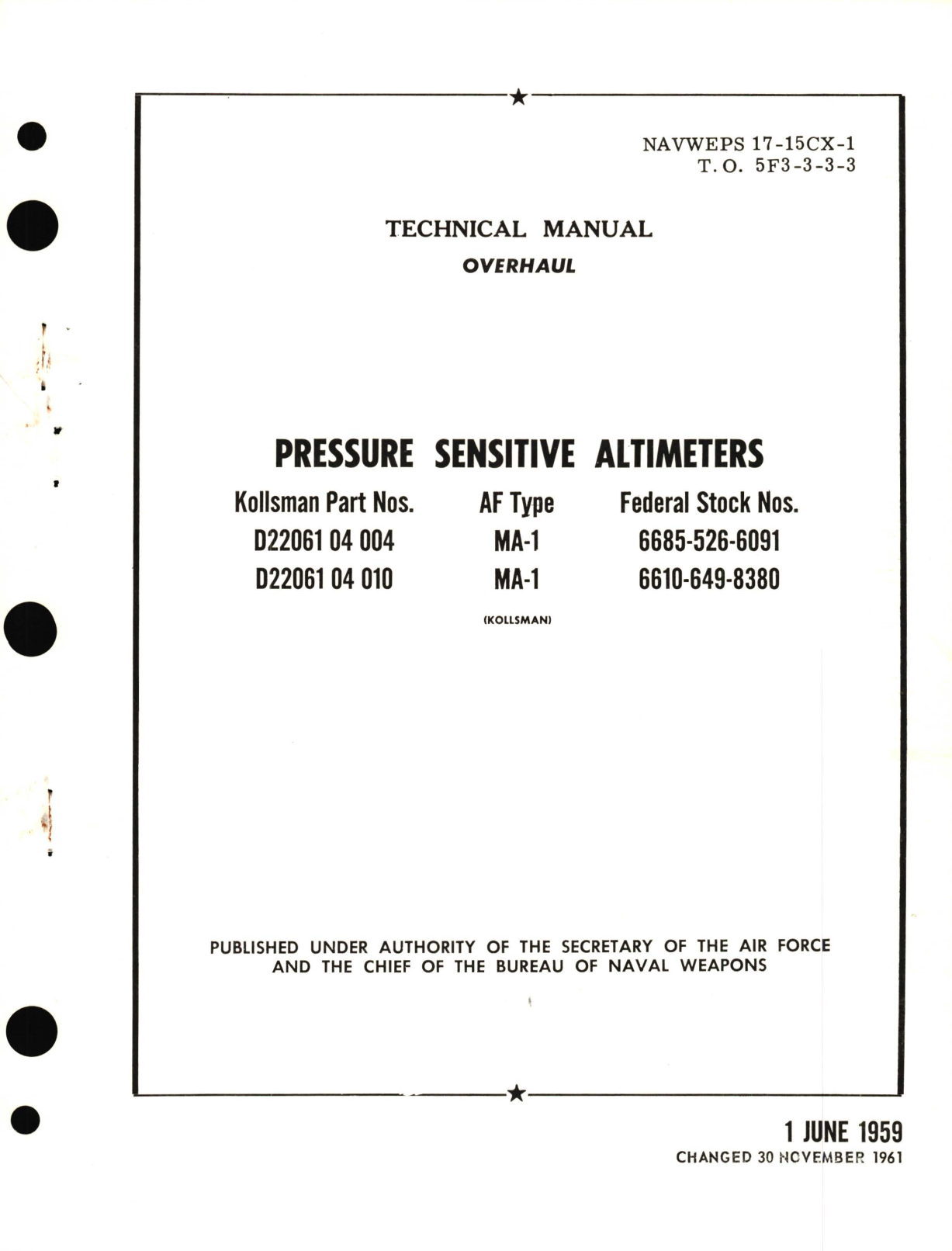 Sample page 1 from AirCorps Library document: Overhaul for Pressure Sensitive Altimeters Kollsman Part No. D22061 04 004, D22061 04 010, MA-1