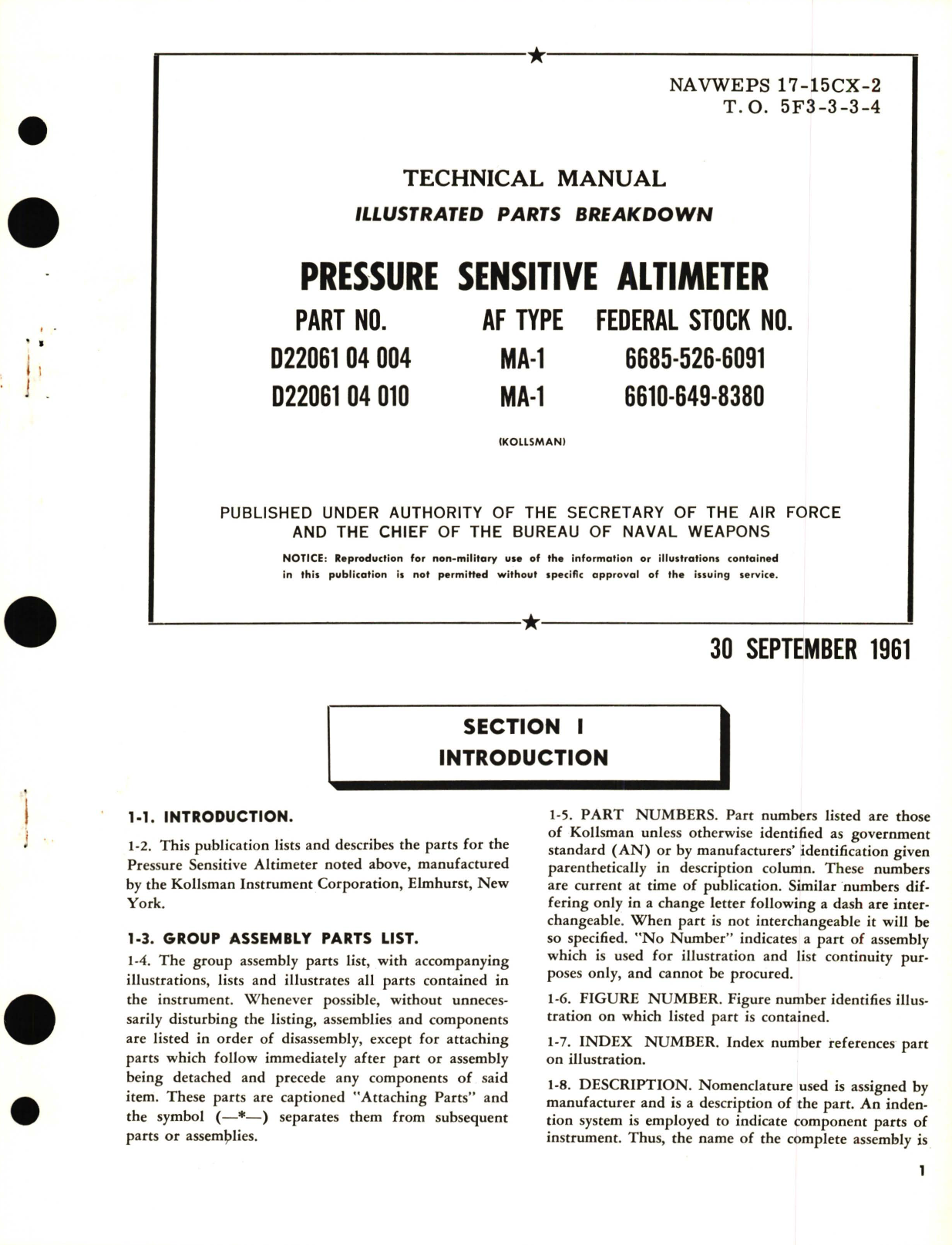 Sample page 1 from AirCorps Library document: Illustrated Parts Breakdown for Pressure Sensitive Altimeters Part No. D22061 04 004, D22061 04 010, MA-1