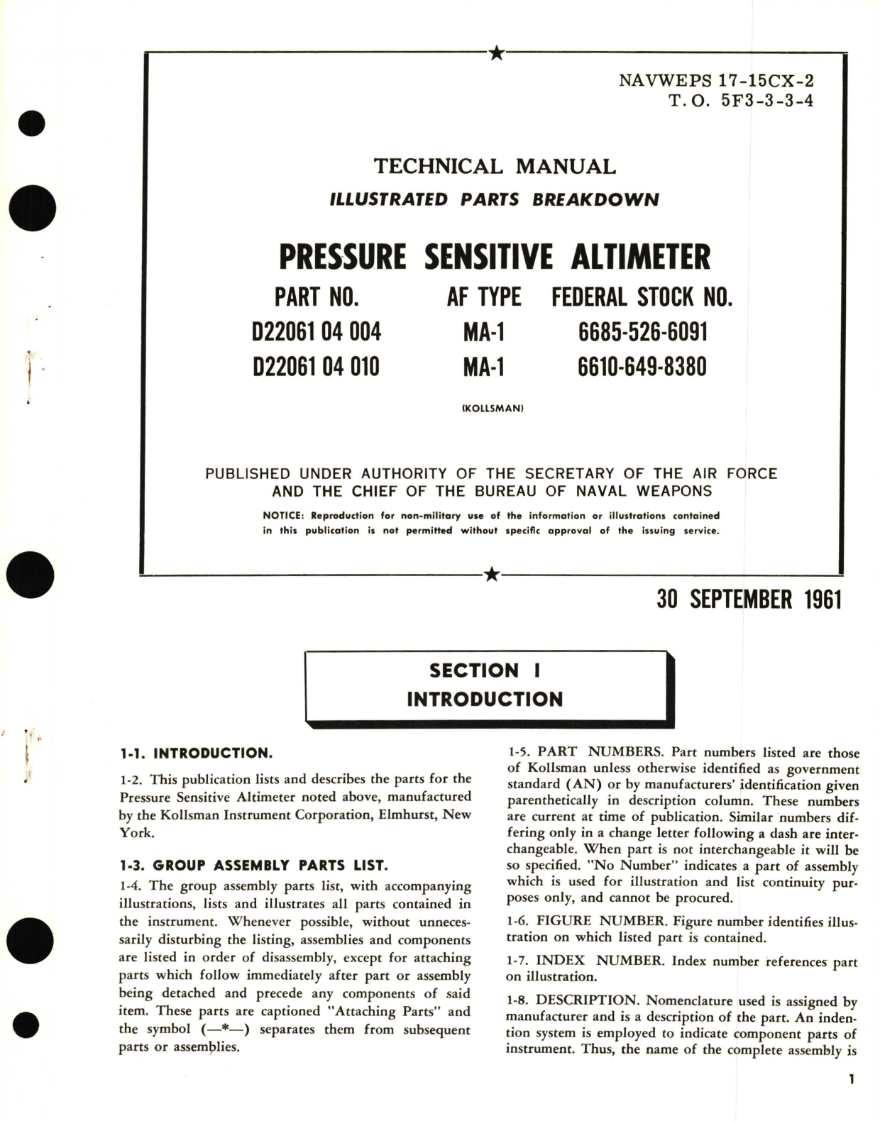 Sample page 1 from AirCorps Library document: Illustrated Parts Breakdown for Pressure Sensitive Altimeters Part No. D22061 04 004, D22061 04 010, MA-1