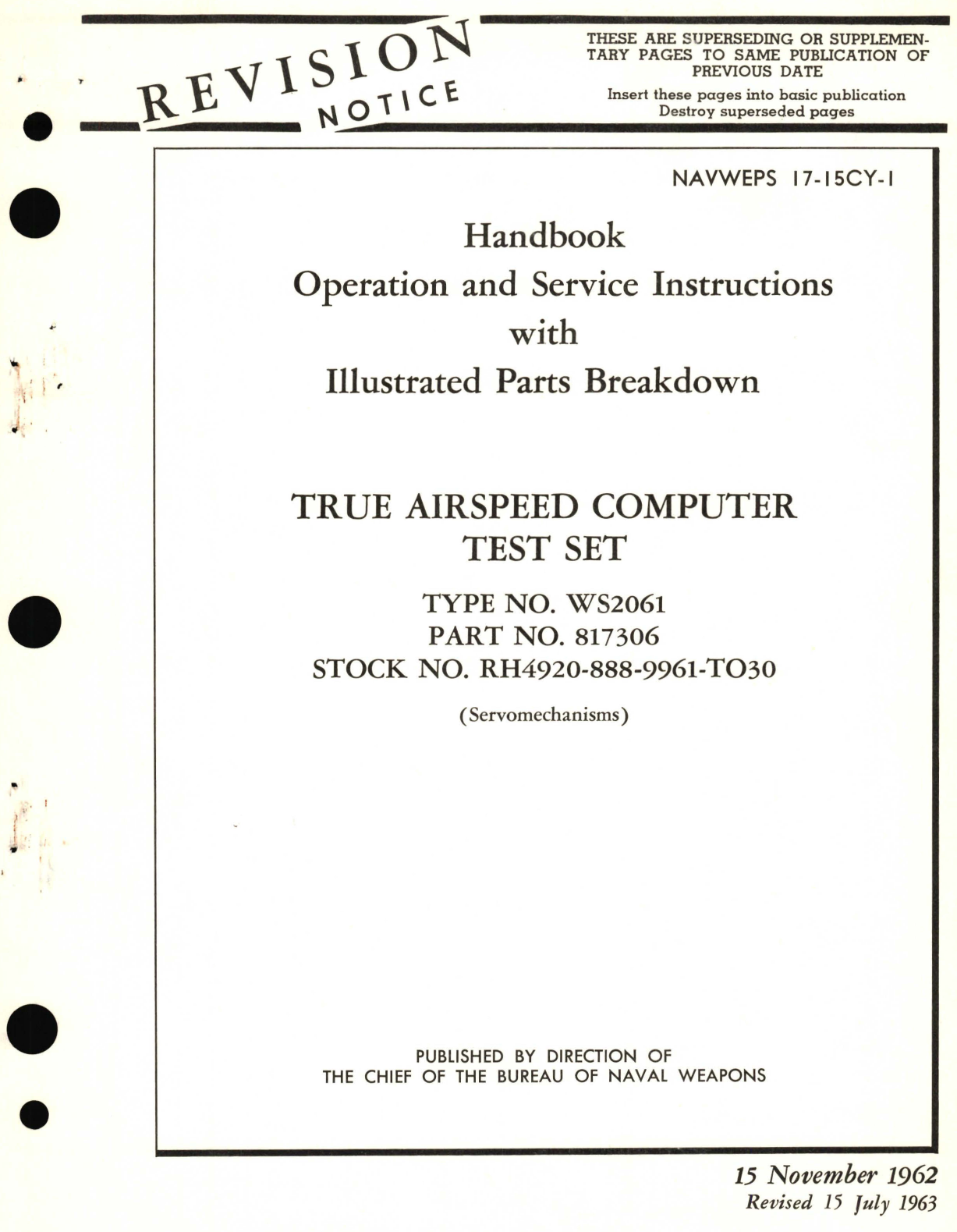 Sample page 1 from AirCorps Library document: Operation and Service Instructions with Illustrated Parts Breakdown for True Airspeed Computer Test Set Type NO. WS2061 Part No. 817306