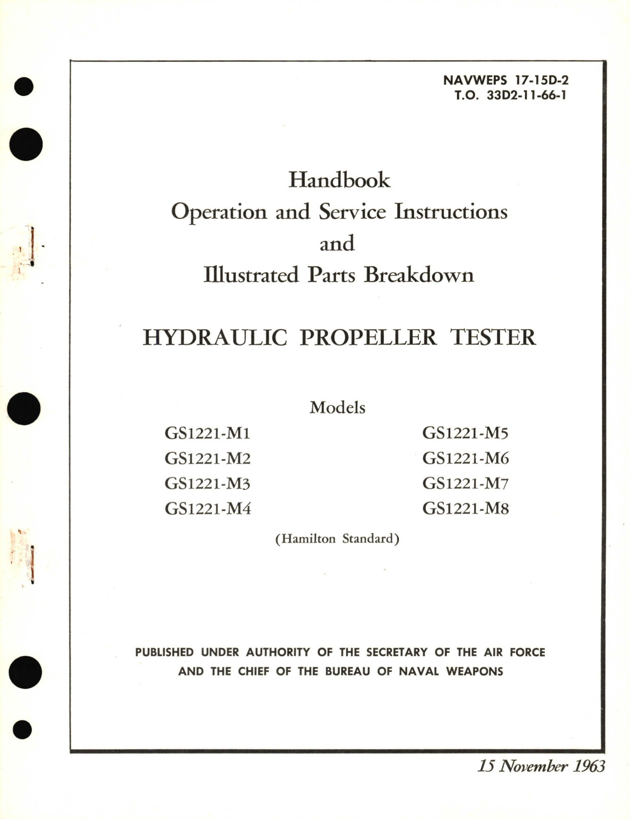 Sample page 1 from AirCorps Library document: Operation and Service Instructions and Illustrated Parts Breakdown for Hydraulic Propeller Tester Models GS1221