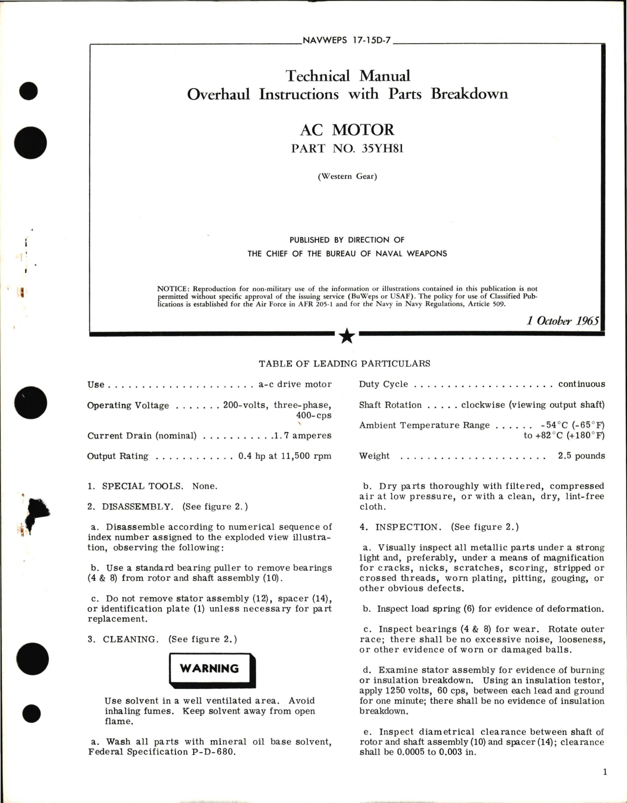 Sample page 1 from AirCorps Library document: Overhaul Instructions with Parts Breakdown for AC Motor Part No. 35YH81 