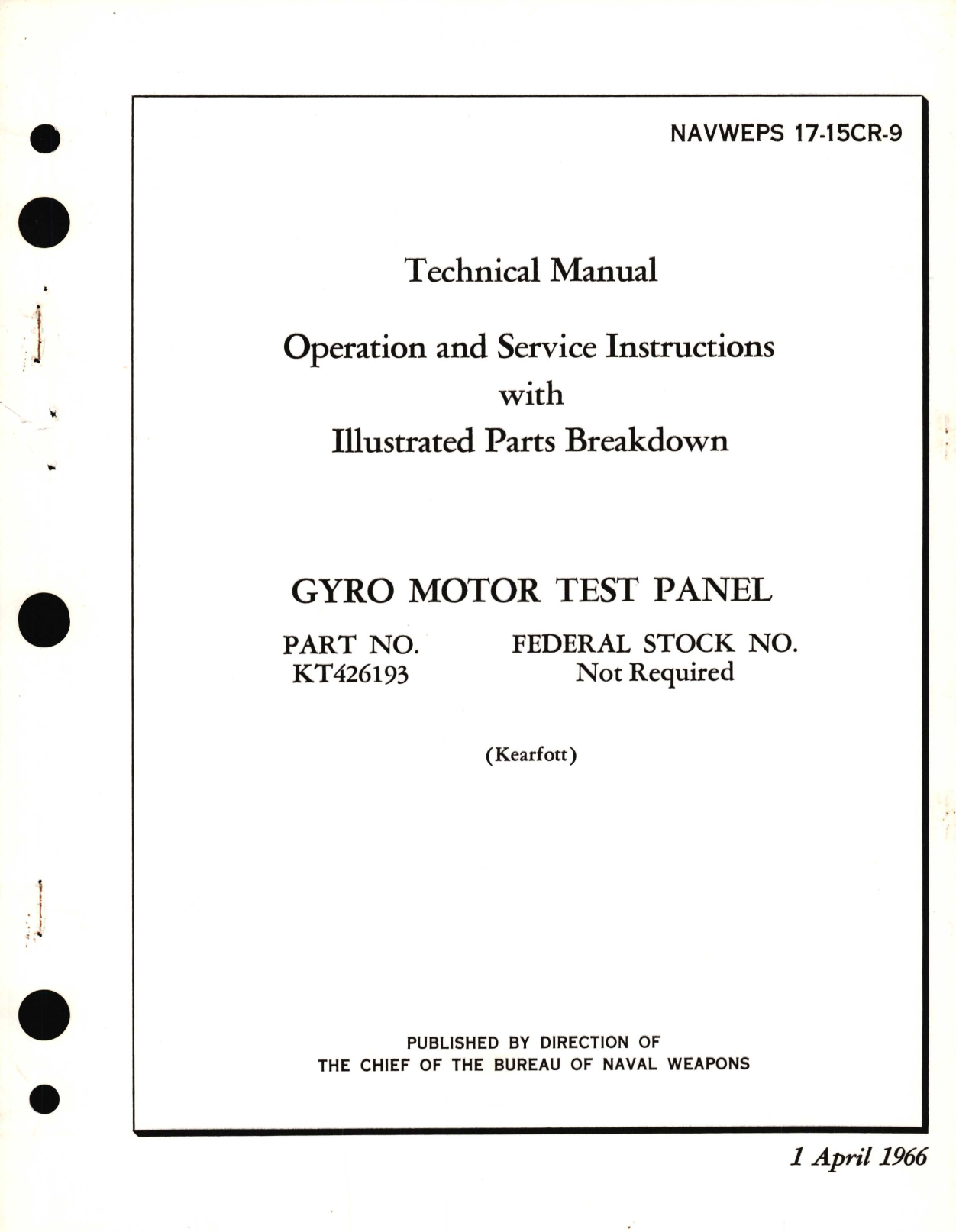 Sample page 1 from AirCorps Library document: Operation and Service Instructions with Illustrated Parts Breakdown for Gyro Motor Test Panel Part No. KT426193 