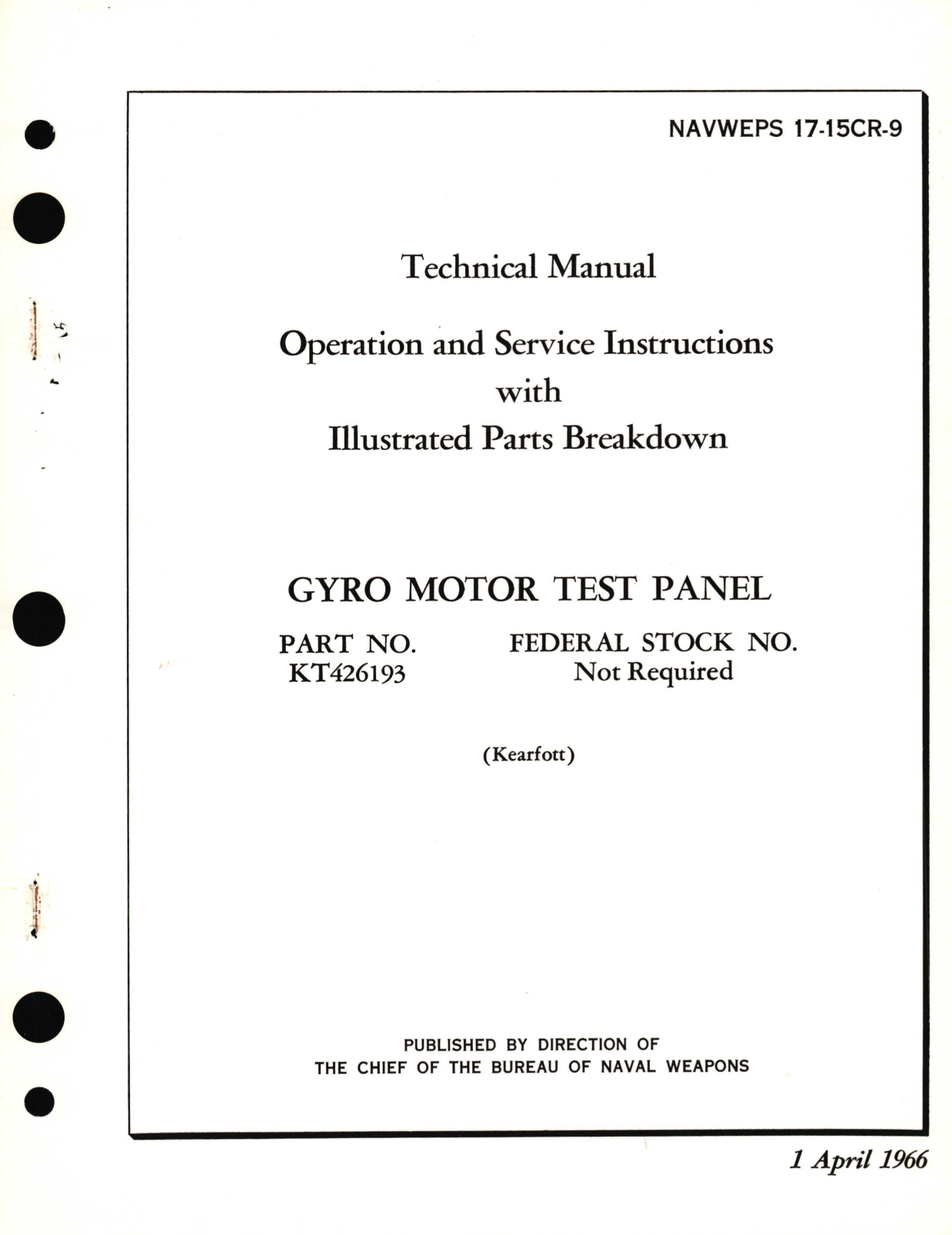 Sample page 1 from AirCorps Library document: Operation and Service Instructions with Illustrated Parts Breakdown for Gyro Motor Test Panel Part No. KT426193