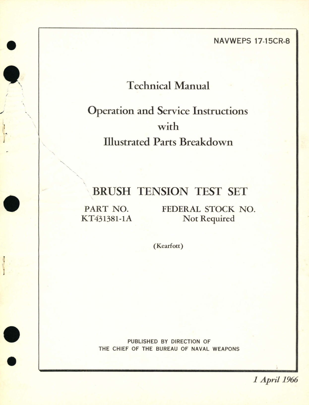 Sample page 1 from AirCorps Library document: Operation and Service Instructions with Illustrated Parts Breakdown for Brush Tension Test Set Part No. KT431381-1A 