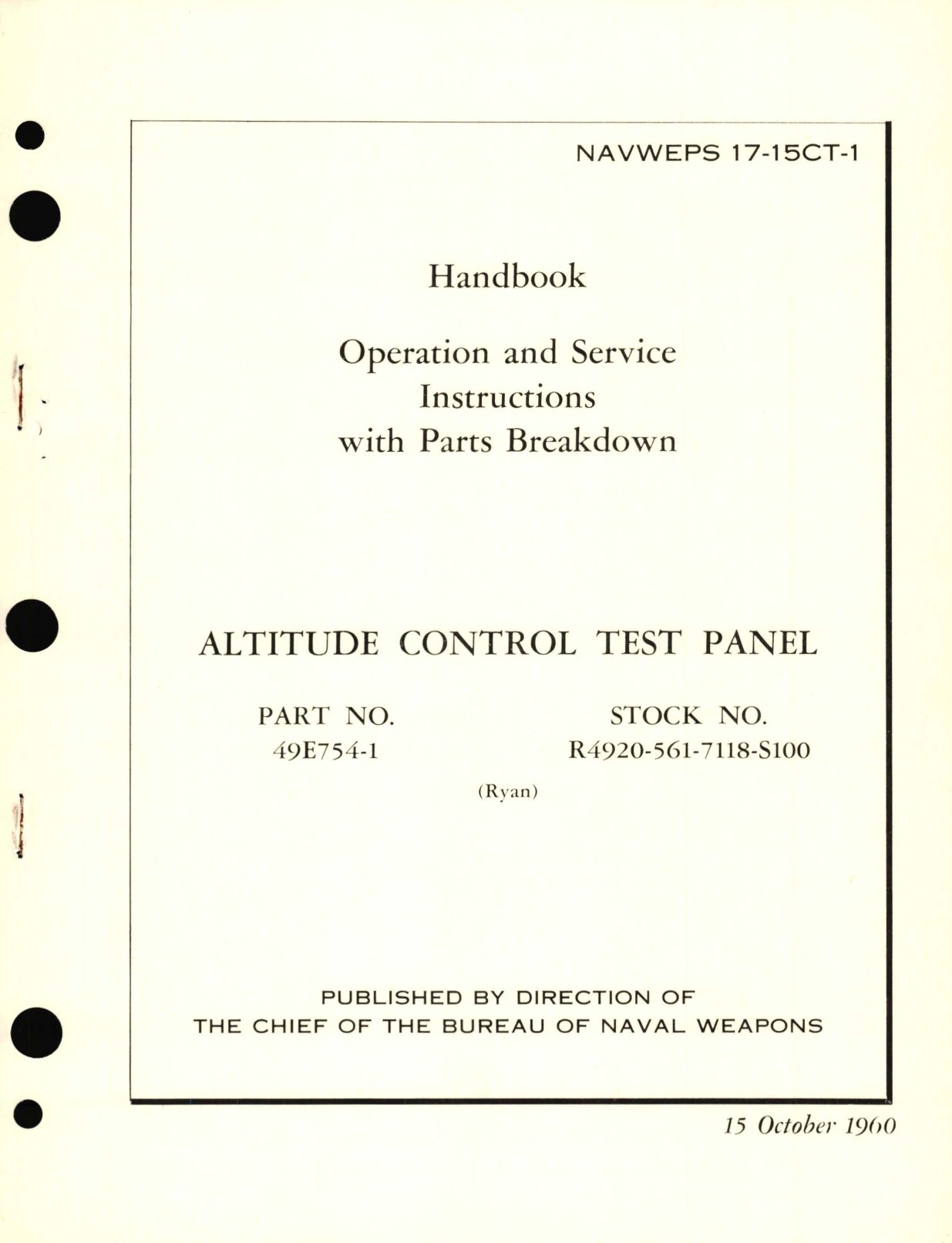 Sample page 1 from AirCorps Library document: Operation and Service Instructions with Parts Breakdown for Altitude Control Test Panel Part No. 49E754-1