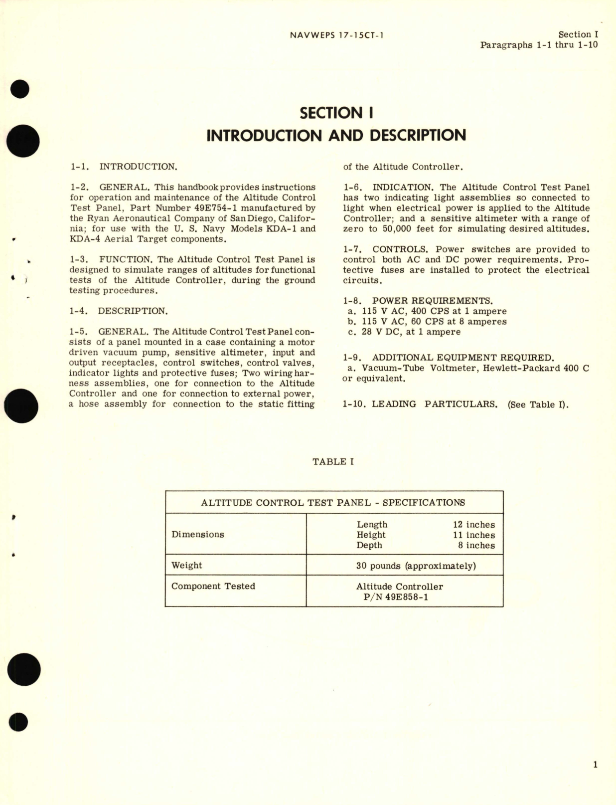 Sample page 5 from AirCorps Library document: Operation and Service Instructions with Parts Breakdown for Altitude Control Test Panel Part No. 49E754-1