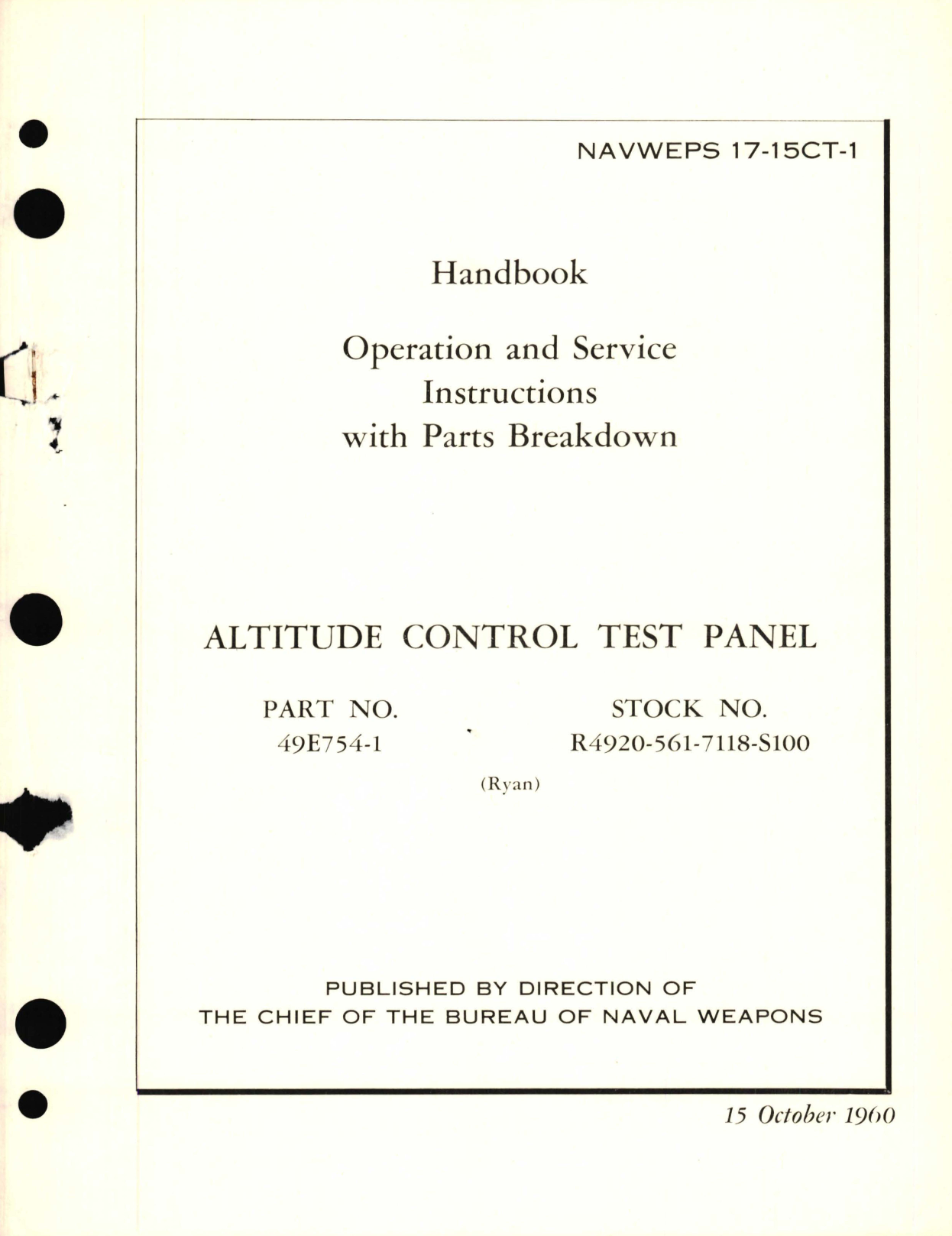 Sample page 1 from AirCorps Library document: Operation and Service with Parts Breakdown for Altitude Control Test Panel Part No. 49E754-1 