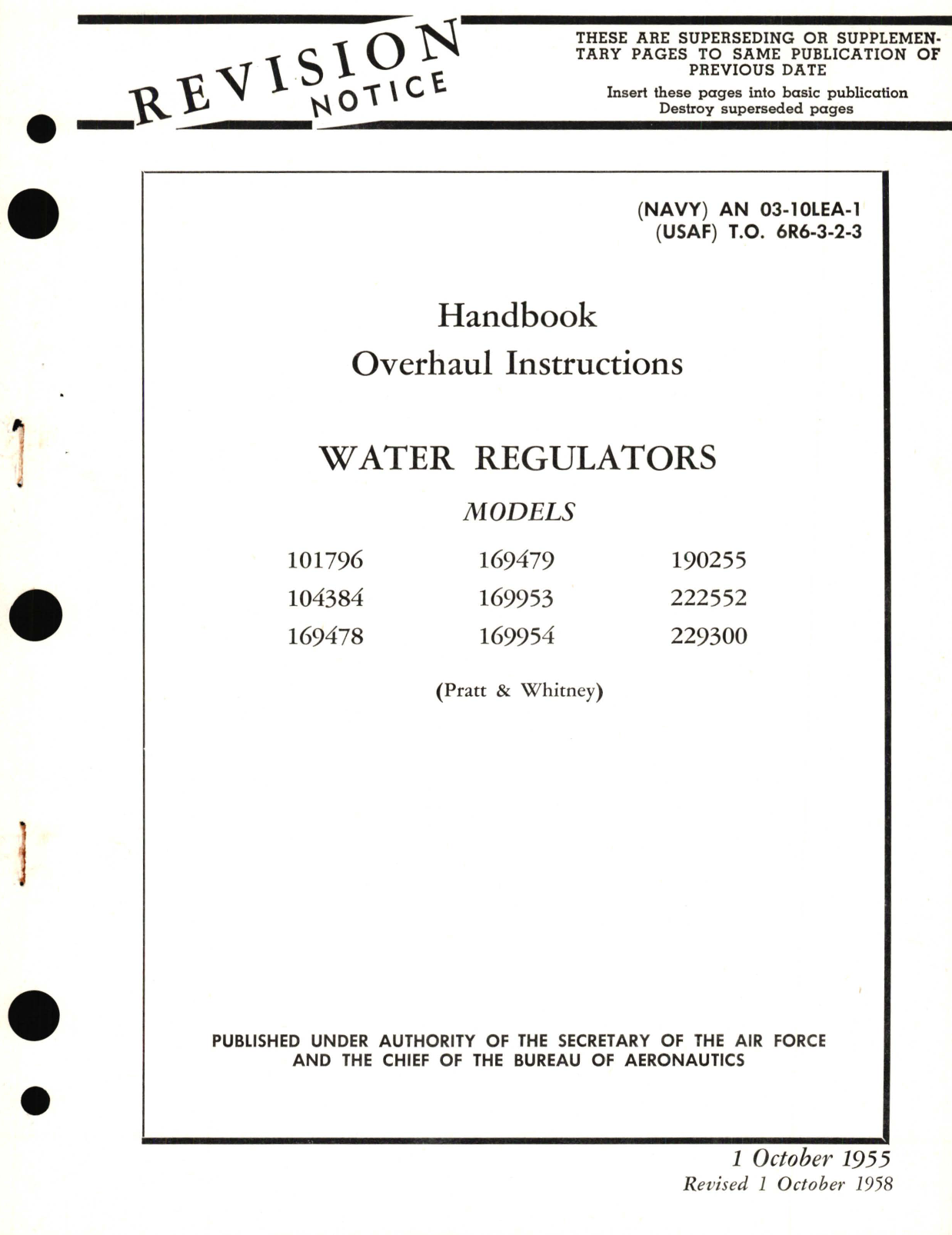 Sample page 1 from AirCorps Library document: Overhaul Instructions for Water Regulators Models 101796, 104384, 169478, 169479, 169953, 169954, 190255, 222552, 229300