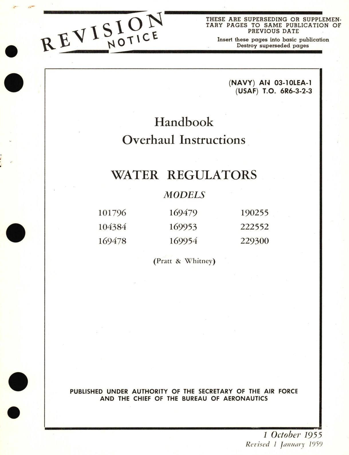 Sample page 1 from AirCorps Library document: Overhaul Instructions for Water Regulators Models 101796, 104384, 169478, 169479, 169953, 169954, 190255, 222552, 229300