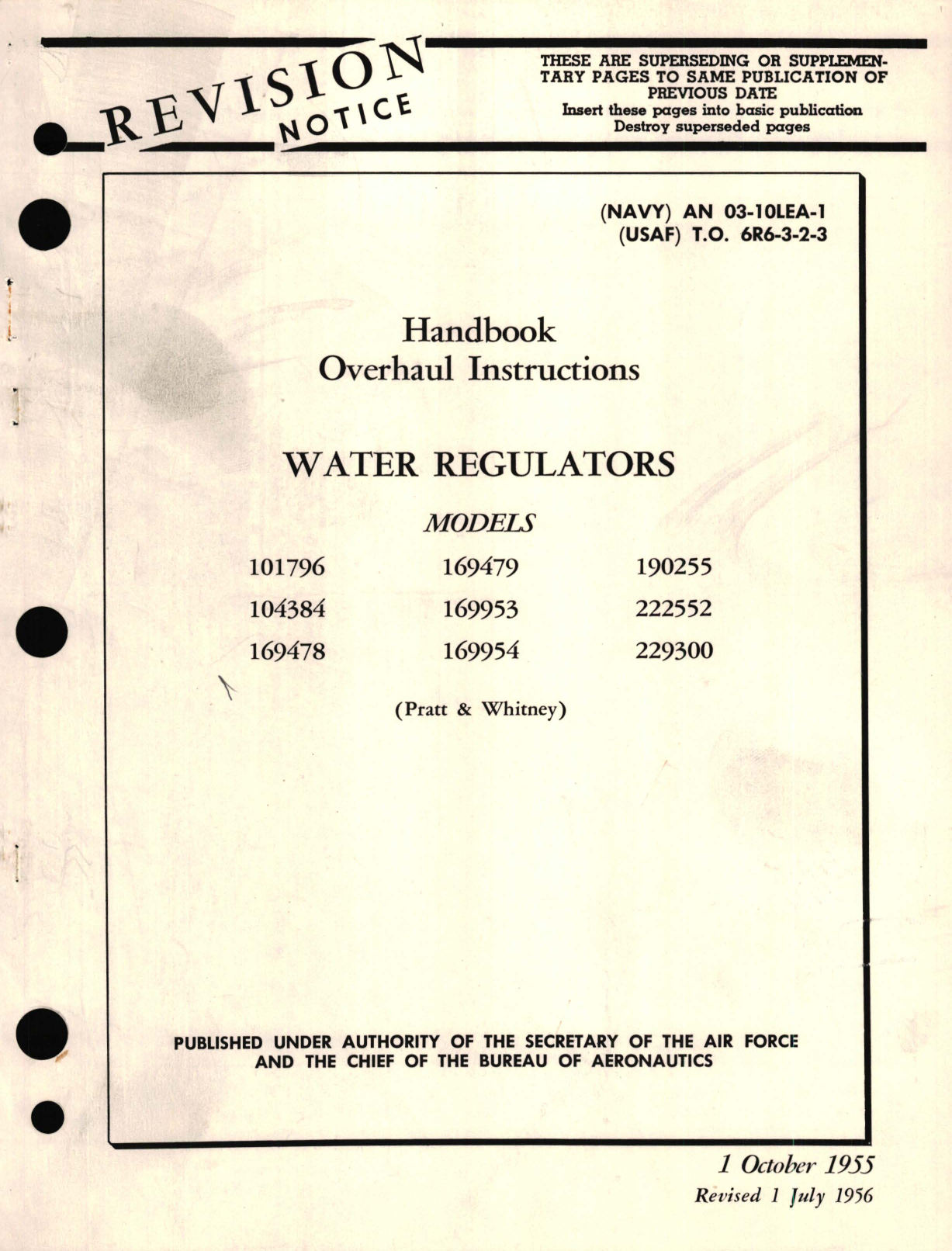 Sample page 1 from AirCorps Library document: Overhaul Instructions for Water Regulators Models 101796, 104384, 169478, 169479, 169953, 169954, 190255, 222552, 229300