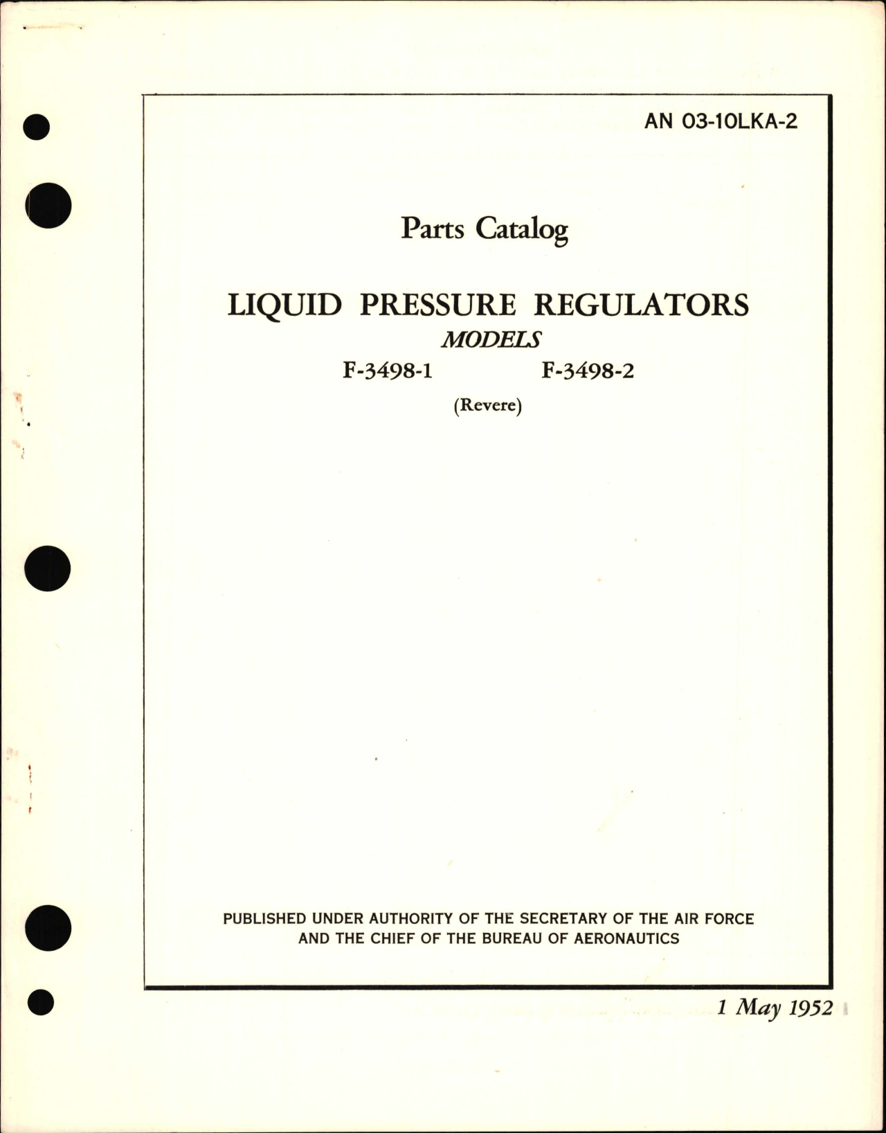 Sample page 1 from AirCorps Library document: Parts Catalog for Liquid Pressure Regulators Models F-3498-1, F-3498-2