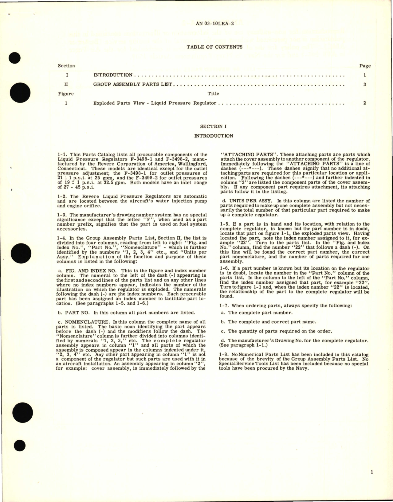 Sample page 3 from AirCorps Library document: Parts Catalog for Liquid Pressure Regulators Models F-3498-1, F-3498-2