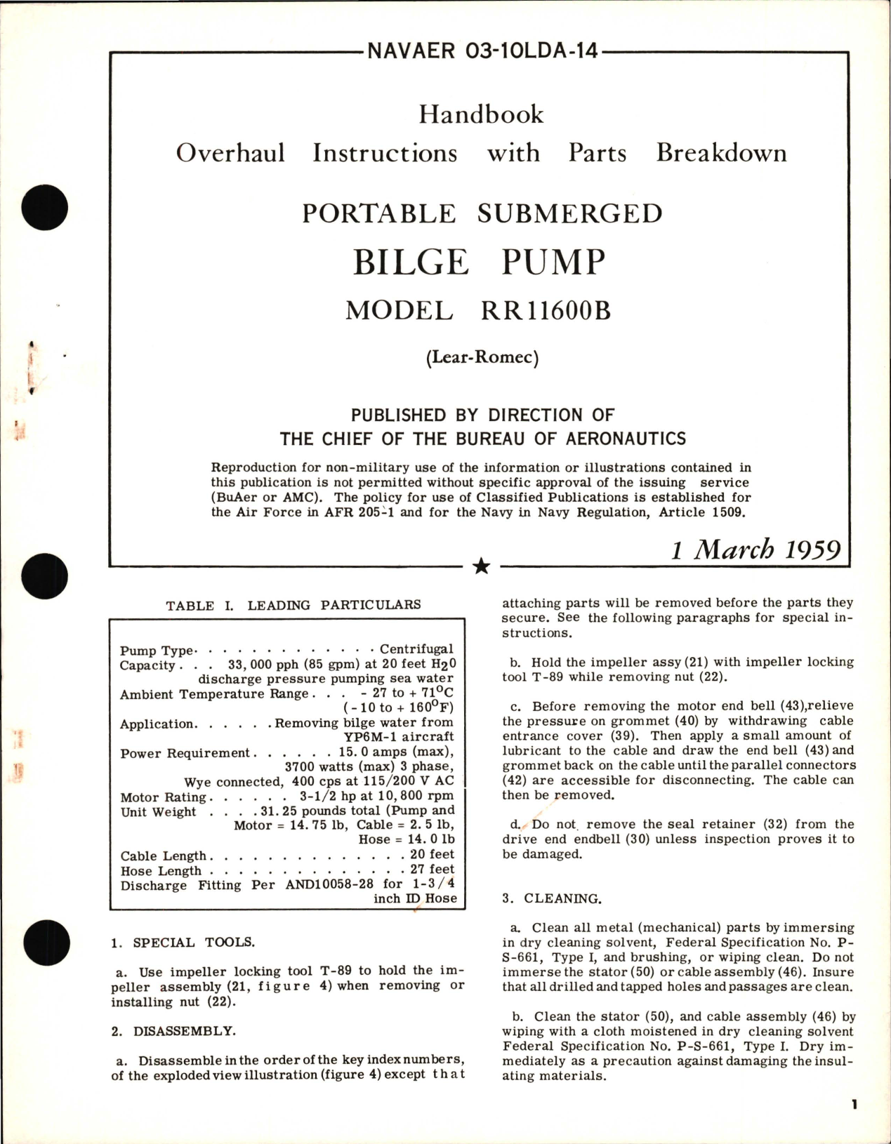 Sample page 1 from AirCorps Library document: Overhaul Instructions with Parts Breakdown for Portable Submerged Bilge Pump Model RR600B 