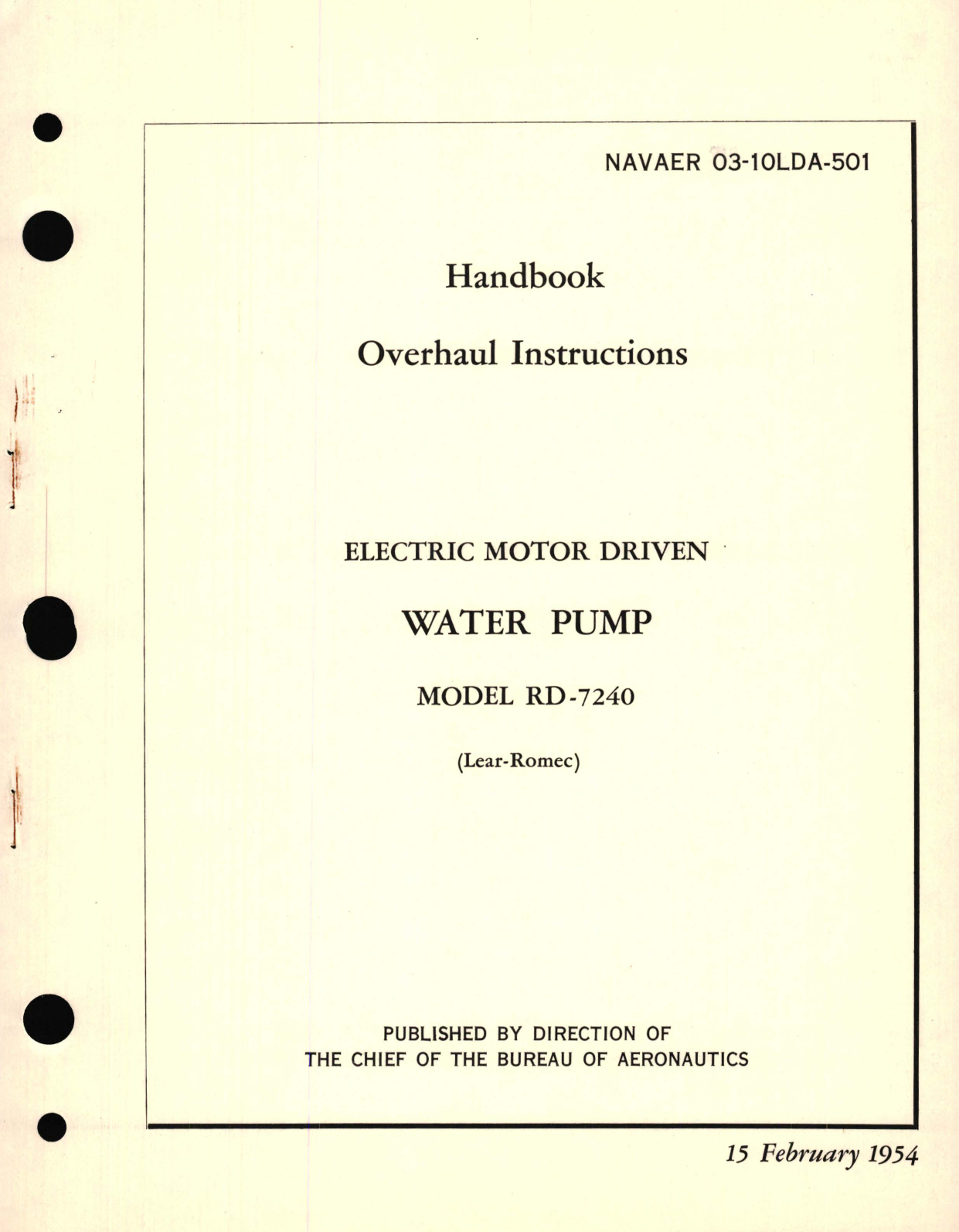 Sample page 1 from AirCorps Library document: Overhaul Instructions for Electric Motor Driven Water Pump Model RD-7240 