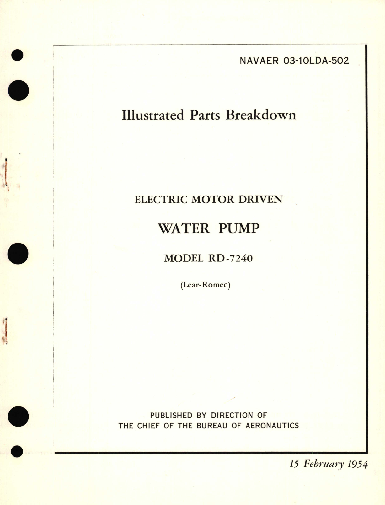 Sample page 1 from AirCorps Library document: Illustrated Parts Breakdown for Electric Motor Driven Water Pump Model RD-7240 