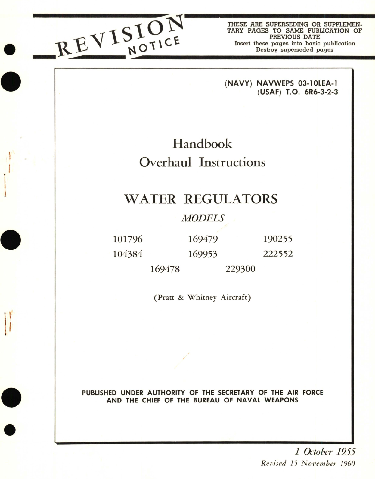 Sample page 1 from AirCorps Library document: Overhaul Instructions for Water Regulators Models 101796, 104384, 169478, 169479, 169953, 229300, 190255, 222552