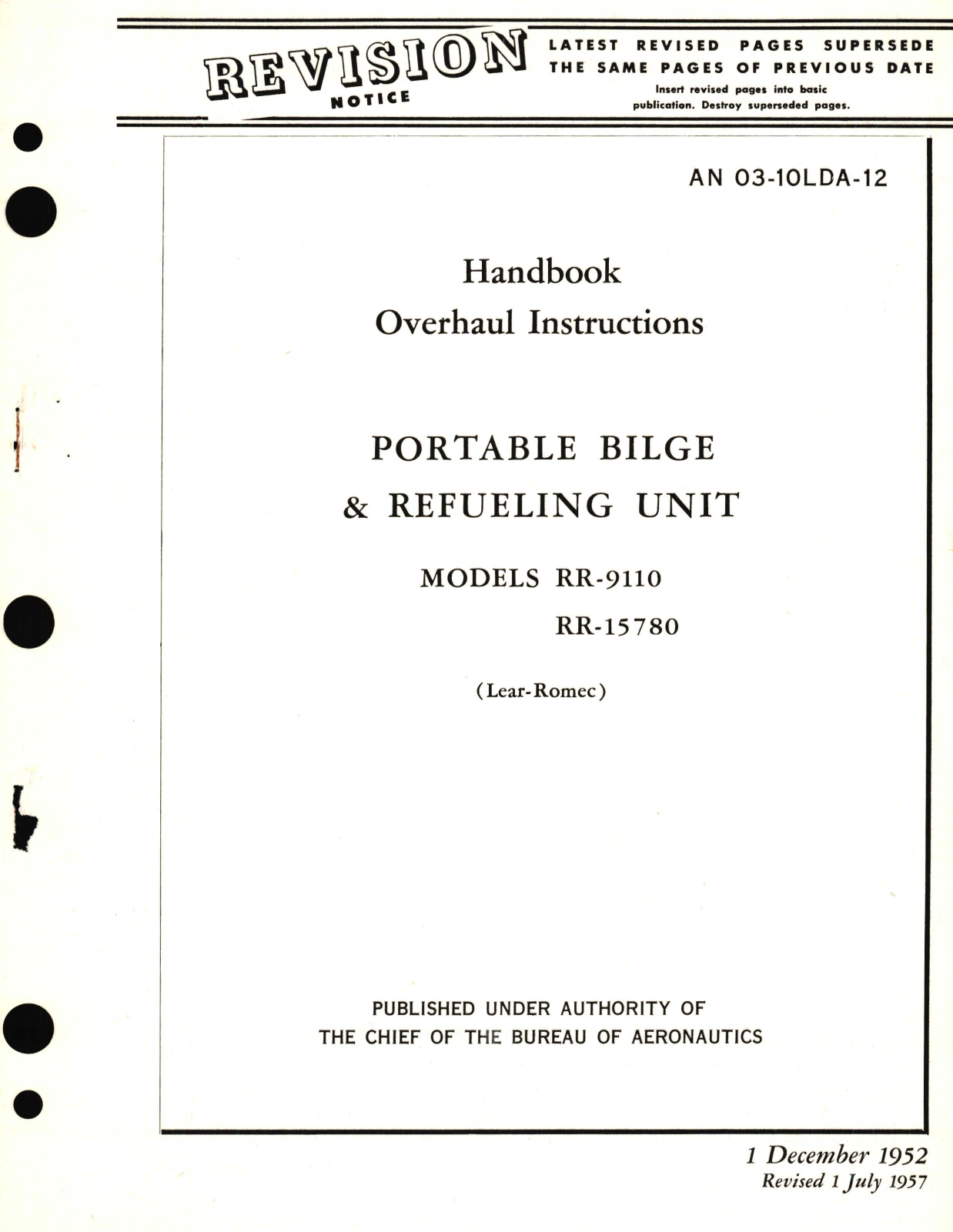 Sample page 1 from AirCorps Library document: Overhaul Instructions for Portable Bilge & Refueling Unit Models RR-9110, RR-15780