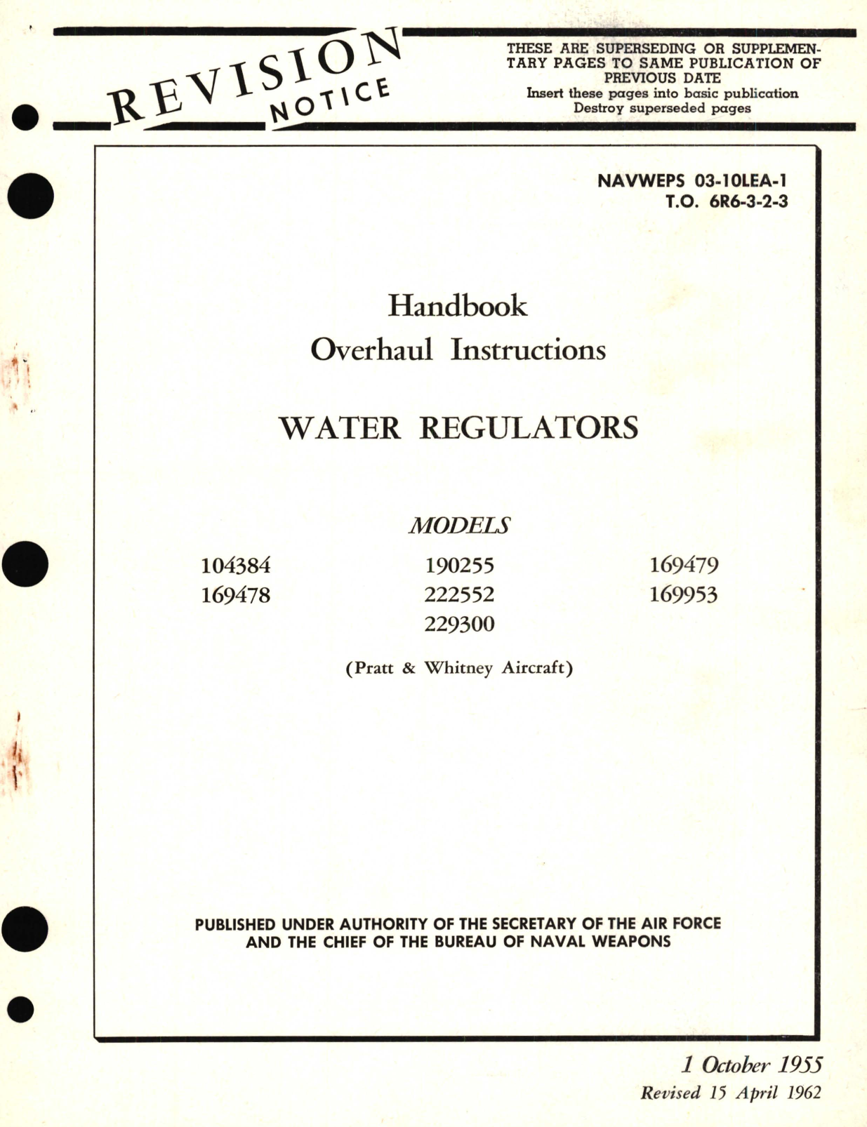 Sample page 1 from AirCorps Library document: Overhaul Instructions for Water Regulators Models 104384, 169478, 190255, 222552, 229300, 169479, 169953