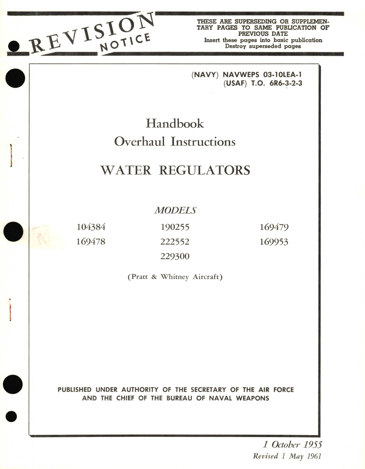 Sample page 1 from AirCorps Library document: Overhaul Instructions for Water Regulators Models 104384, 169478, 190255, 222552, 229300, 169479, 169953