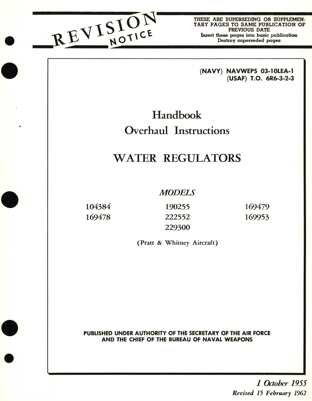 Sample page 1 from AirCorps Library document: Overhaul Instructions for Water Regulators Models 104384, 169478, 190255, 222552, 229300, 169479, 169953