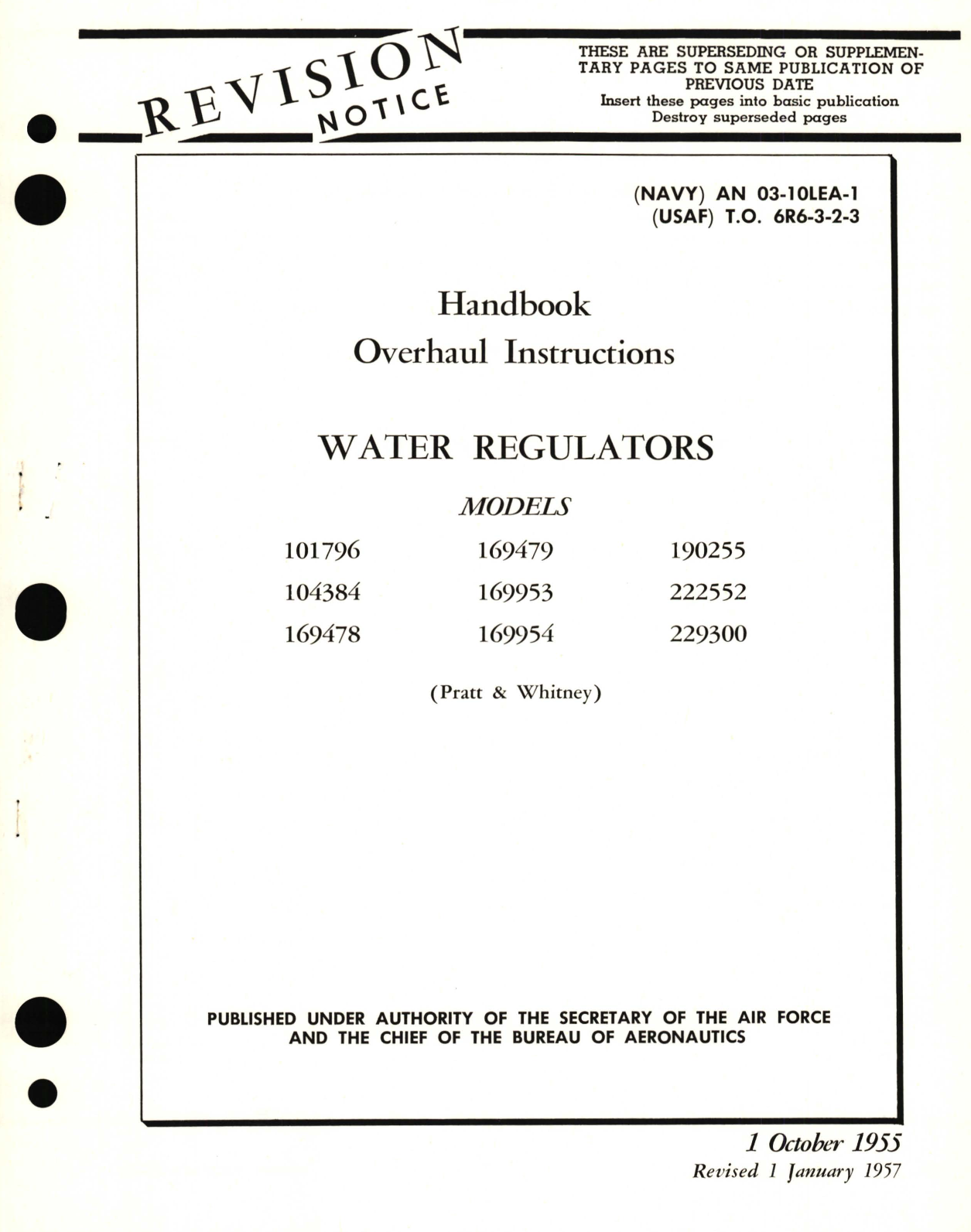 Sample page 1 from AirCorps Library document: Overhaul Instructions for Water Regulator Models 101796, 104384, 169478, 169479, 169953, 169954, 190255, 222552, 229300