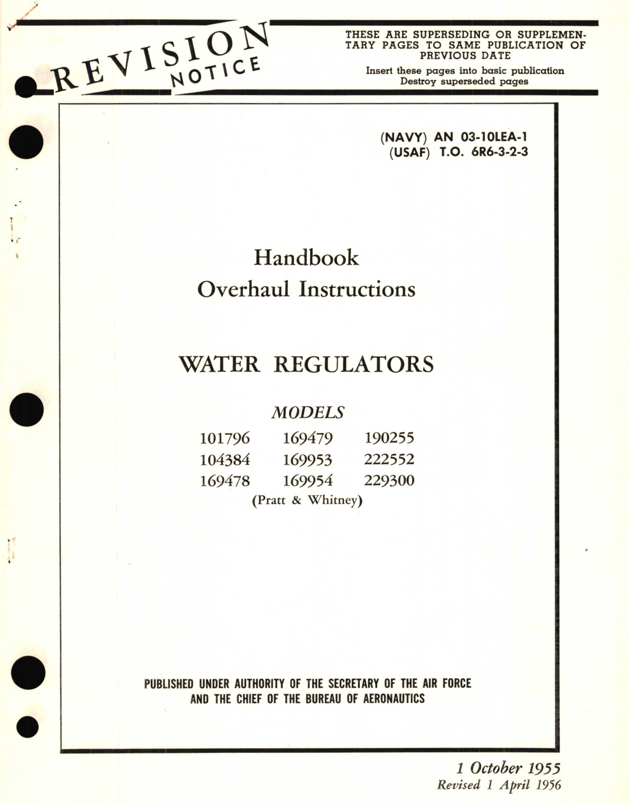 Sample page 1 from AirCorps Library document: Overhaul Instructions for Water Regulators Models 101796, 04384, 169478, 169479, 169953, 69954, 190255, 222552, 229300