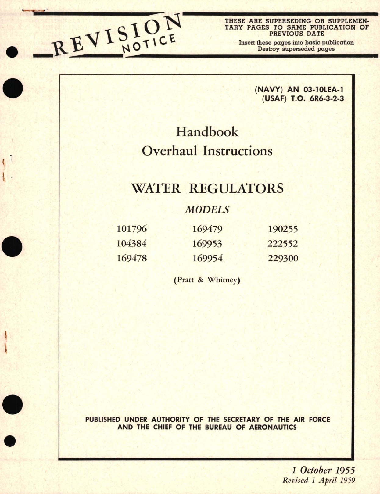 Sample page 1 from AirCorps Library document: Overhaul Instructions for Water Regulators Models 101796, 104384, 169478, 169479, 169953, 169954, 169479, 169953, 169954