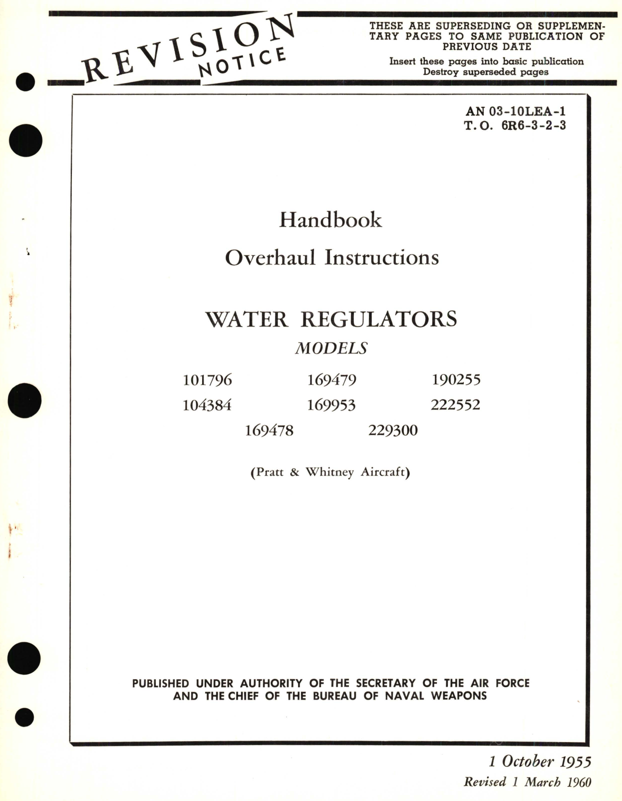 Sample page 1 from AirCorps Library document: Overhaul Instructions for Water Regulators Models 101796, 104384, 169479, 169953, 190255, 222552, 169478, 229300