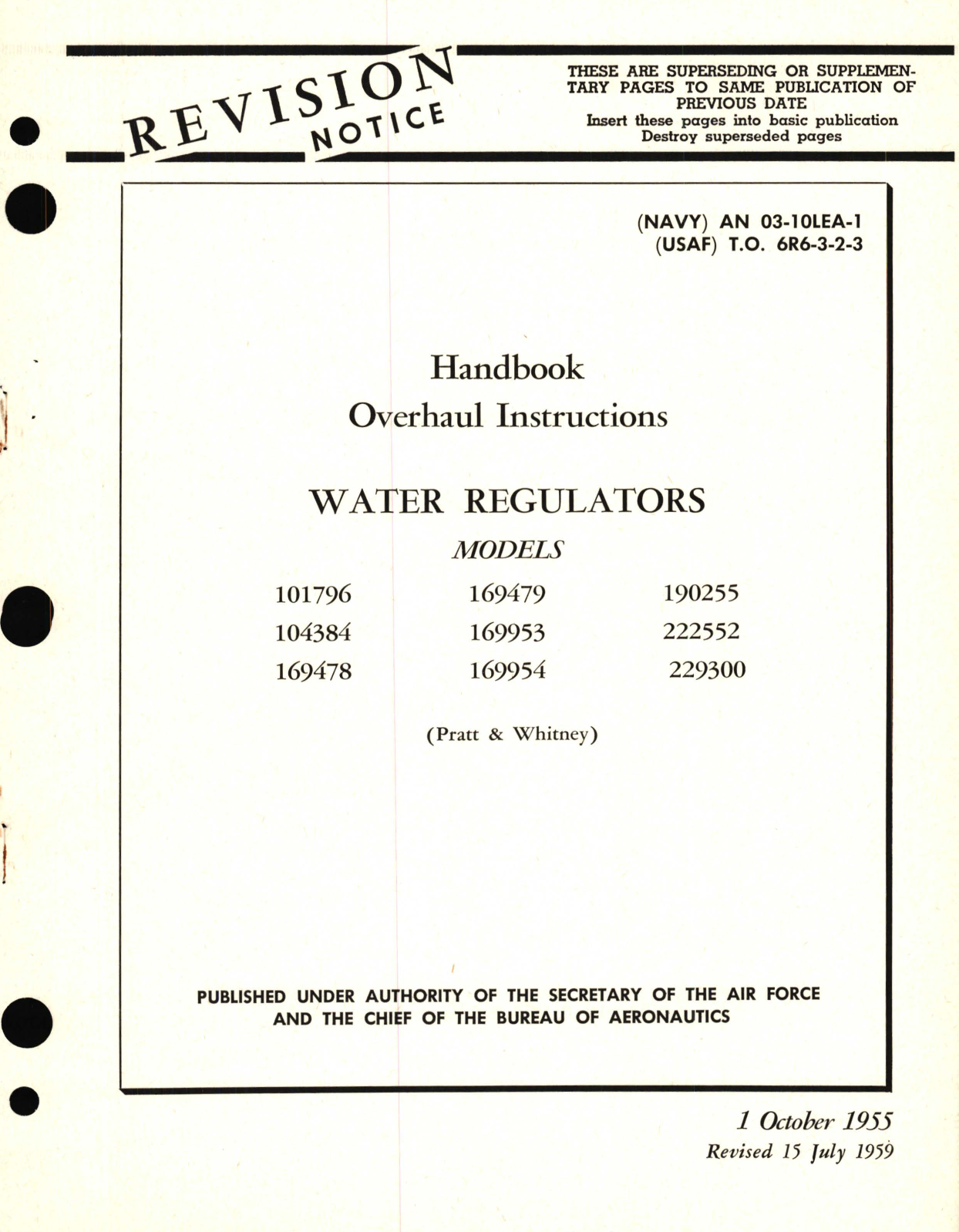 Sample page 1 from AirCorps Library document: Overhaul Instructions for Water Regulators Models 101796, 104384, 169478, 169479, 169953, 169954, 190255, 222552, 229300