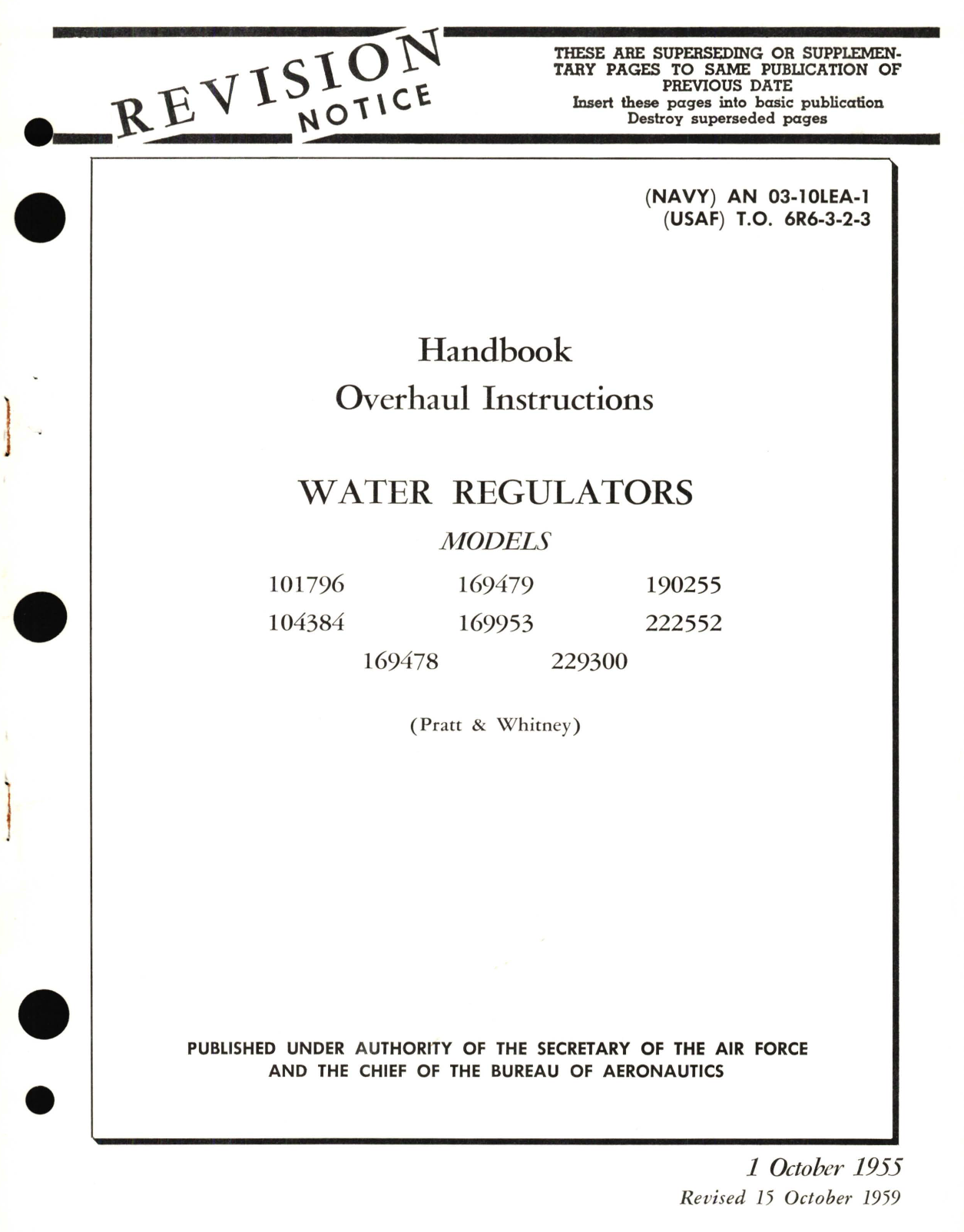 Sample page 1 from AirCorps Library document: Overhaul Instructions for Water Regulators Models 101796, 104384, 169478, 169479, 169953, 229300, 190255, 222552