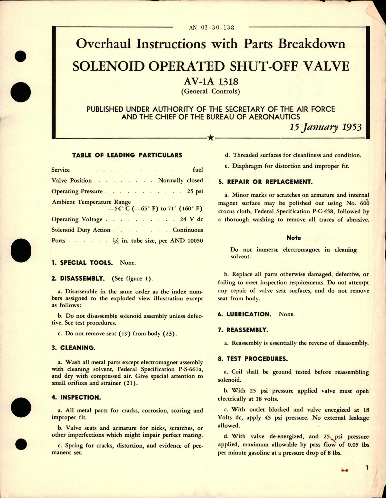 Sample page 1 from AirCorps Library document: Overhaul Instructions with Parts Breakdown for Solenoid Operated Shut-Off Valve - AV-1A 1318 