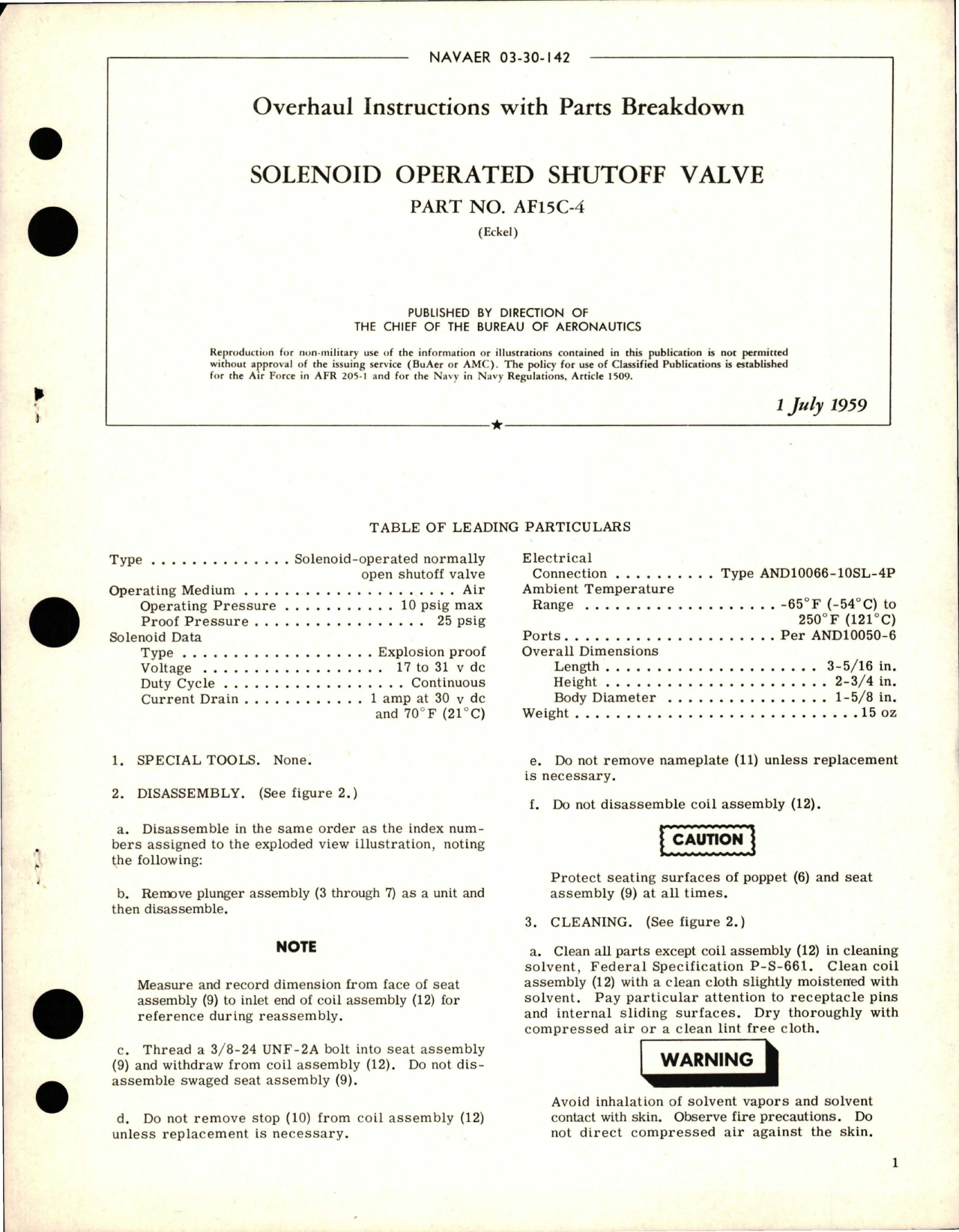 Sample page 1 from AirCorps Library document: Overhaul Instructions with Parts Breakdown for Solenoid Operated Shutoff Valve - Part AF15C-4 