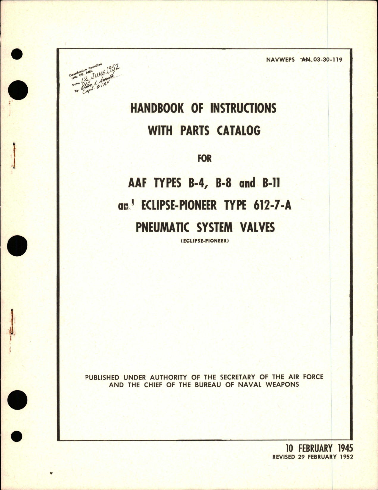 Sample page 1 from AirCorps Library document: Instructions with Parts Catalog for Pneumatic System Valves - Types B-4, B-8, B-11, and 612-7-A