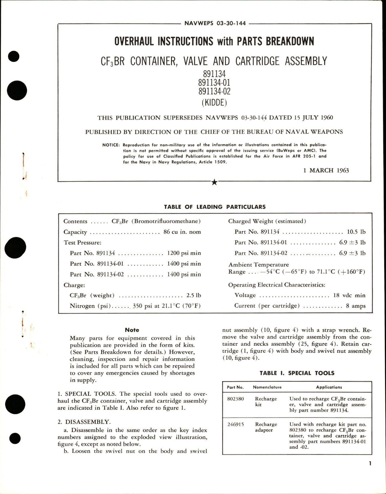 Sample page 1 from AirCorps Library document: Overhaul Instructions with Parts Breakdown for CF3BR Container, Valve and Cartridge Assembly - 891134, 891134-01, and 891134-02