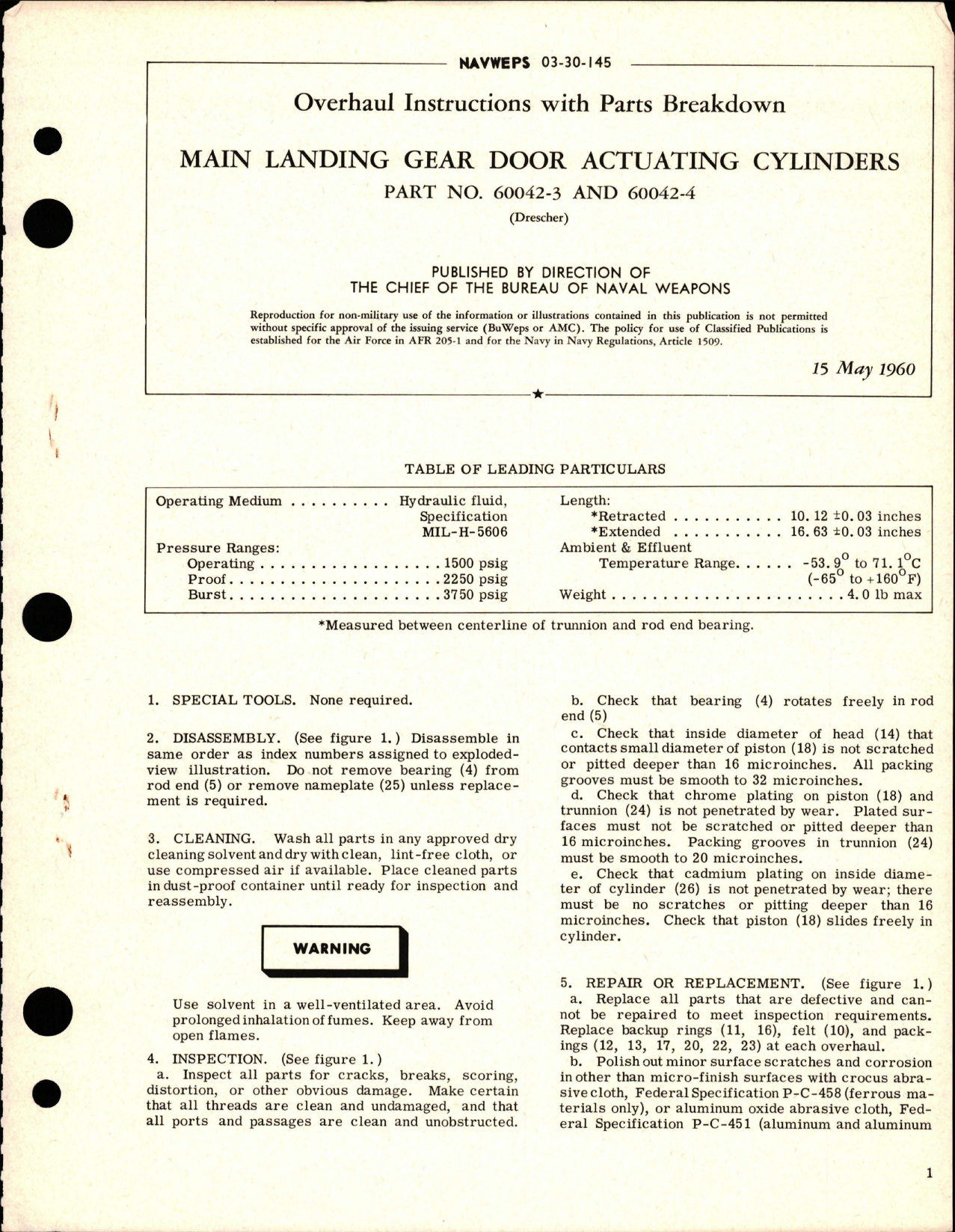 Sample page 1 from AirCorps Library document: Overhaul Instructions with Parts Breakdown for Main Landing Gear Door Actuating Cylinders - Parts 60042-3 and 60042-4