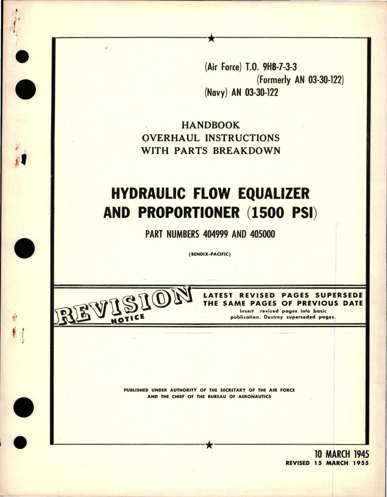 Sample page 1 from AirCorps Library document: Overhaul Instructions with Parts Breakdown for Hydraulic Flow Equalizer & Proportioner (1500 PSI) - Parts 404999 and 405000