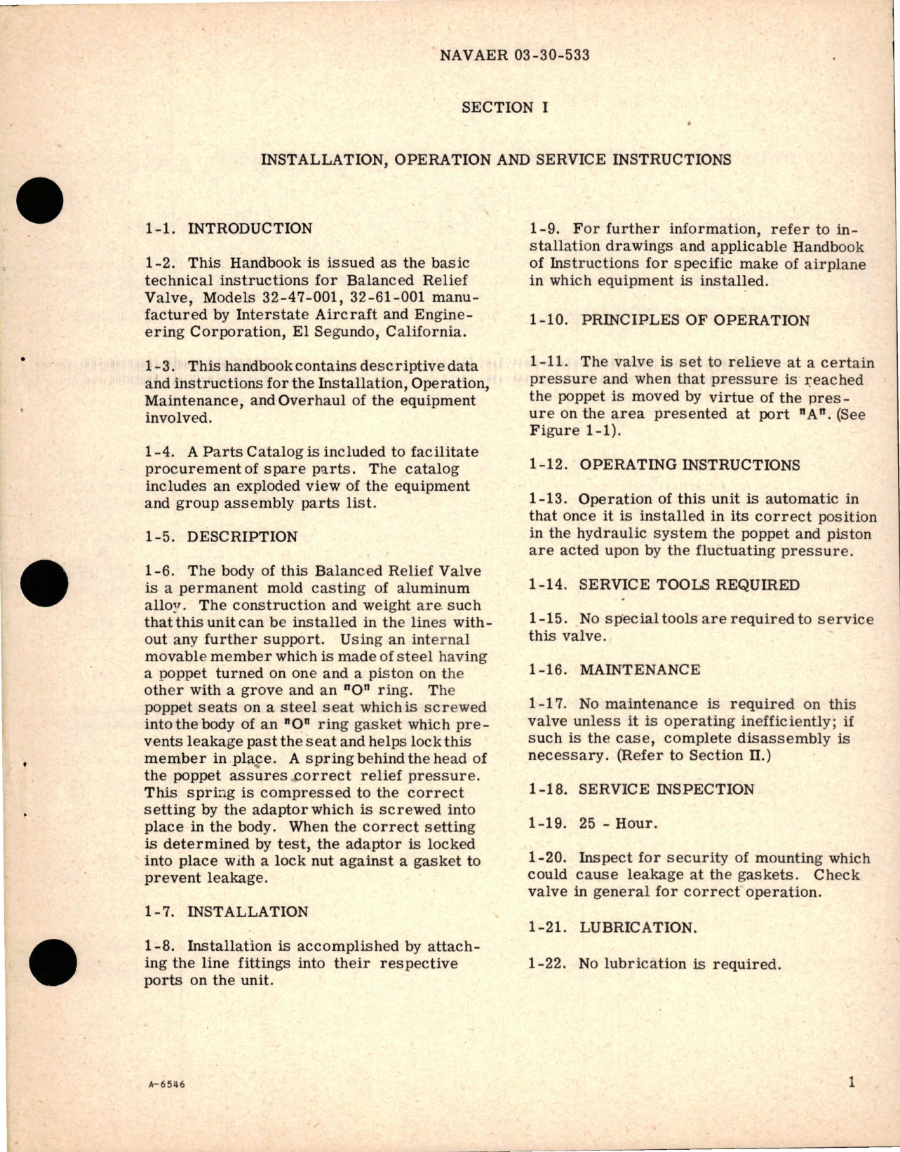 Sample page 5 from AirCorps Library document: Operation, Service and Overhaul Instructions with Parts Catalog for Balanced Relief Valve - Models 32-47-001 and 32-61-001