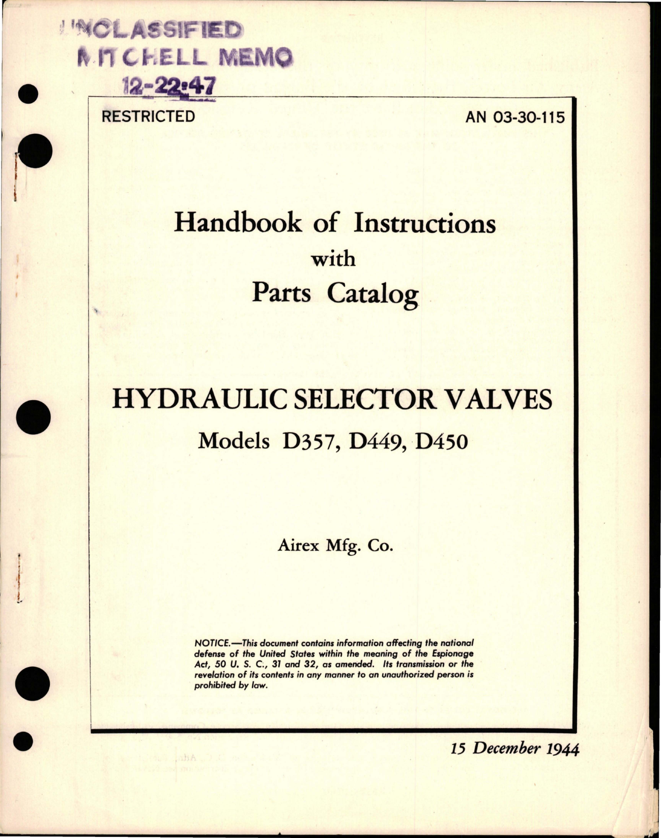 Sample page 1 from AirCorps Library document: Instructions with Parts Catalog for Hydraulic Selector Valves - Models D357, D449, and D450